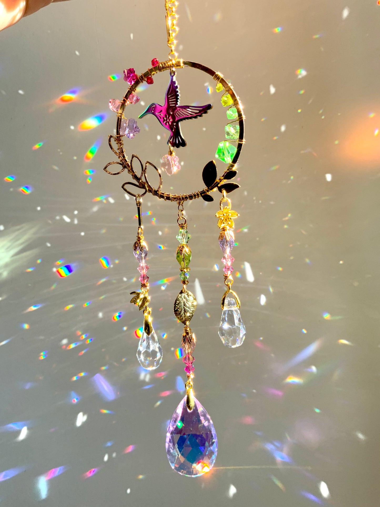 Hummingbird Car Charm ~ 18k Gold-plated, Stainless Steel, and ombré Crystal prisms for car mirror accessories