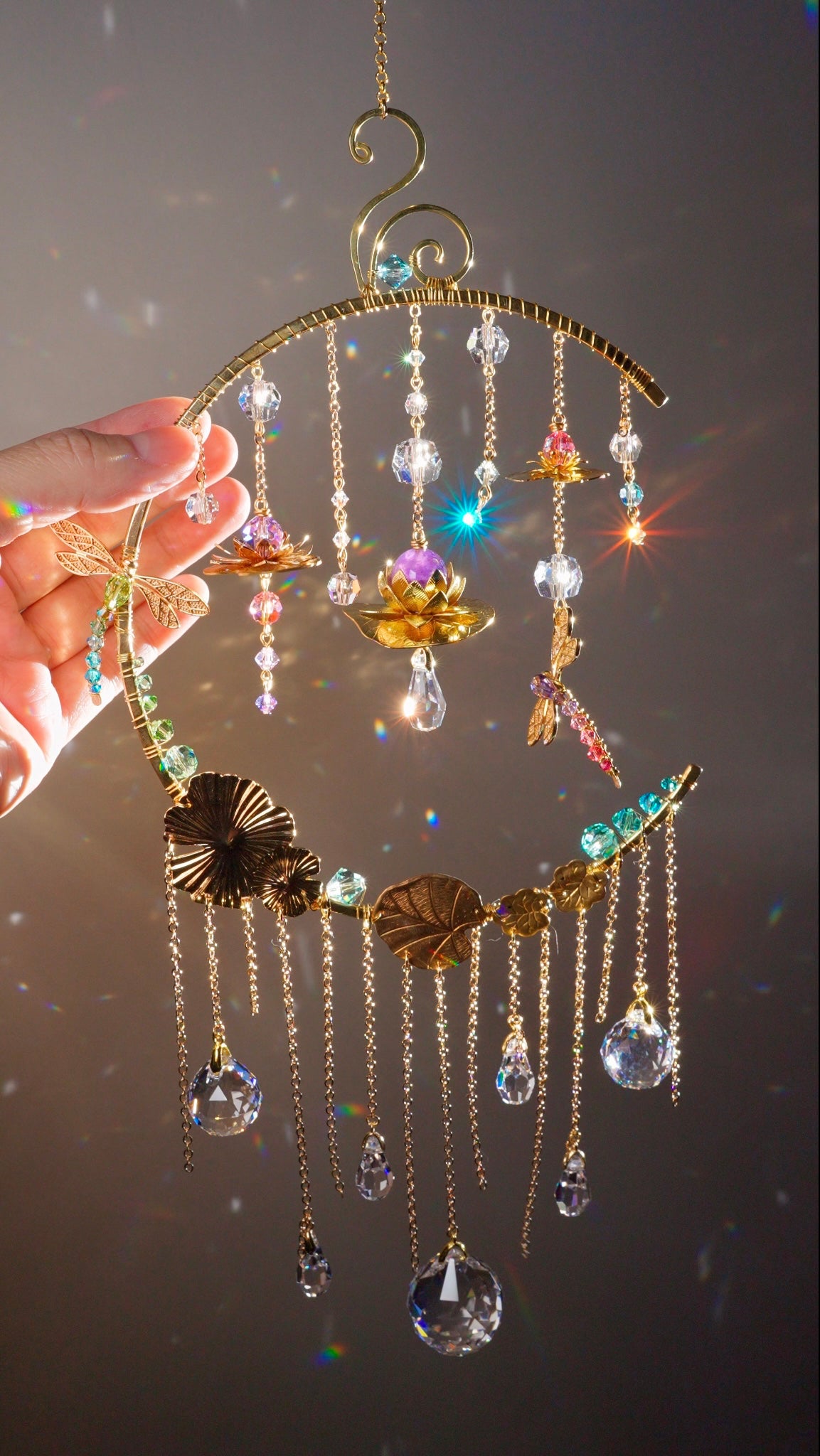 "Water Lily Mist" ~ Dragonfly Lotus Lily Pad Crystal Ball Suncatcher, 18k Gold-Plated Boho Room Decor, July Birthflower