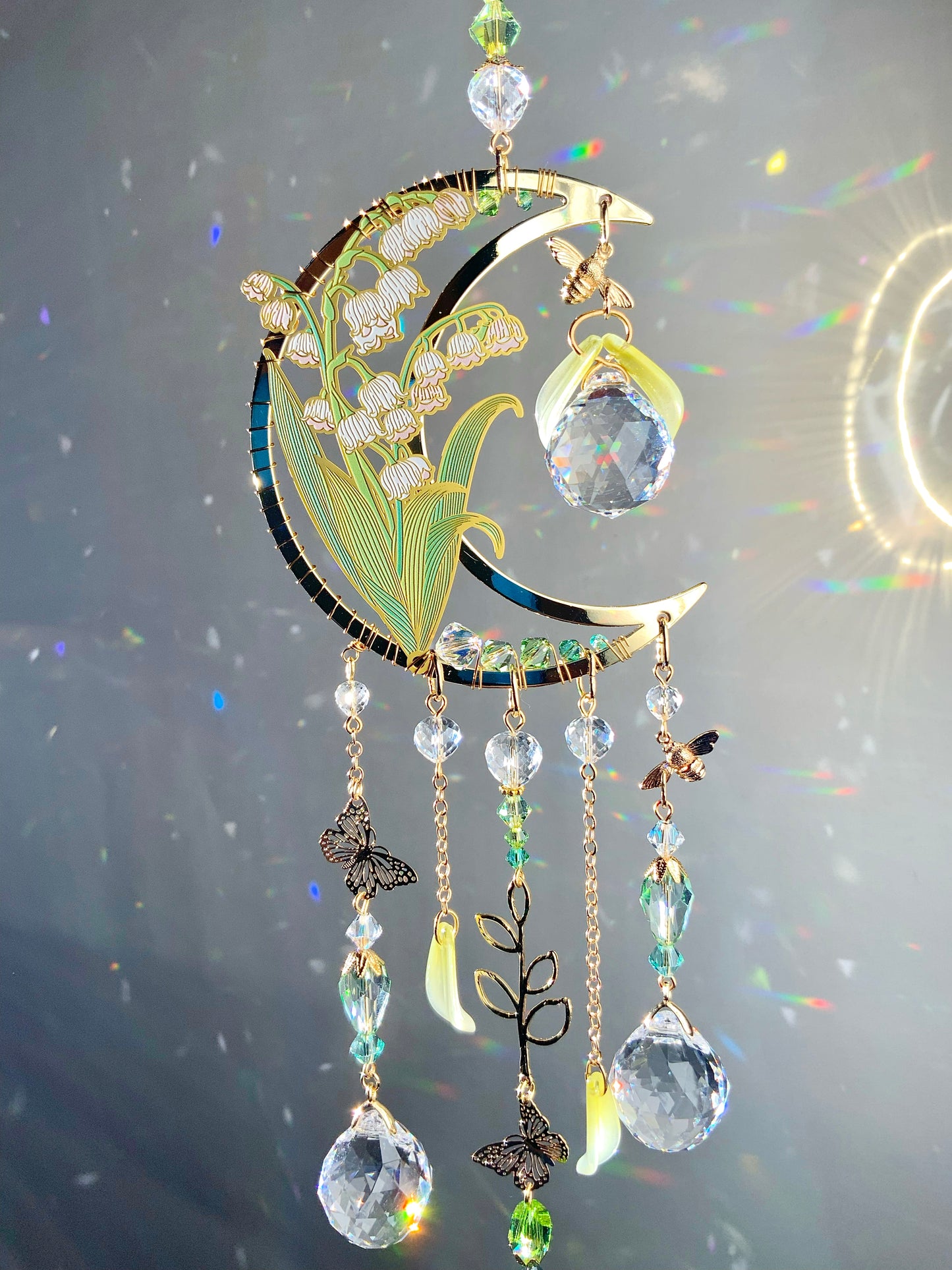 Spring Lily of the Valley Suncatcher, 18k Gold-Plated May Birthflower Crystal Prism Moon Butterfly decor