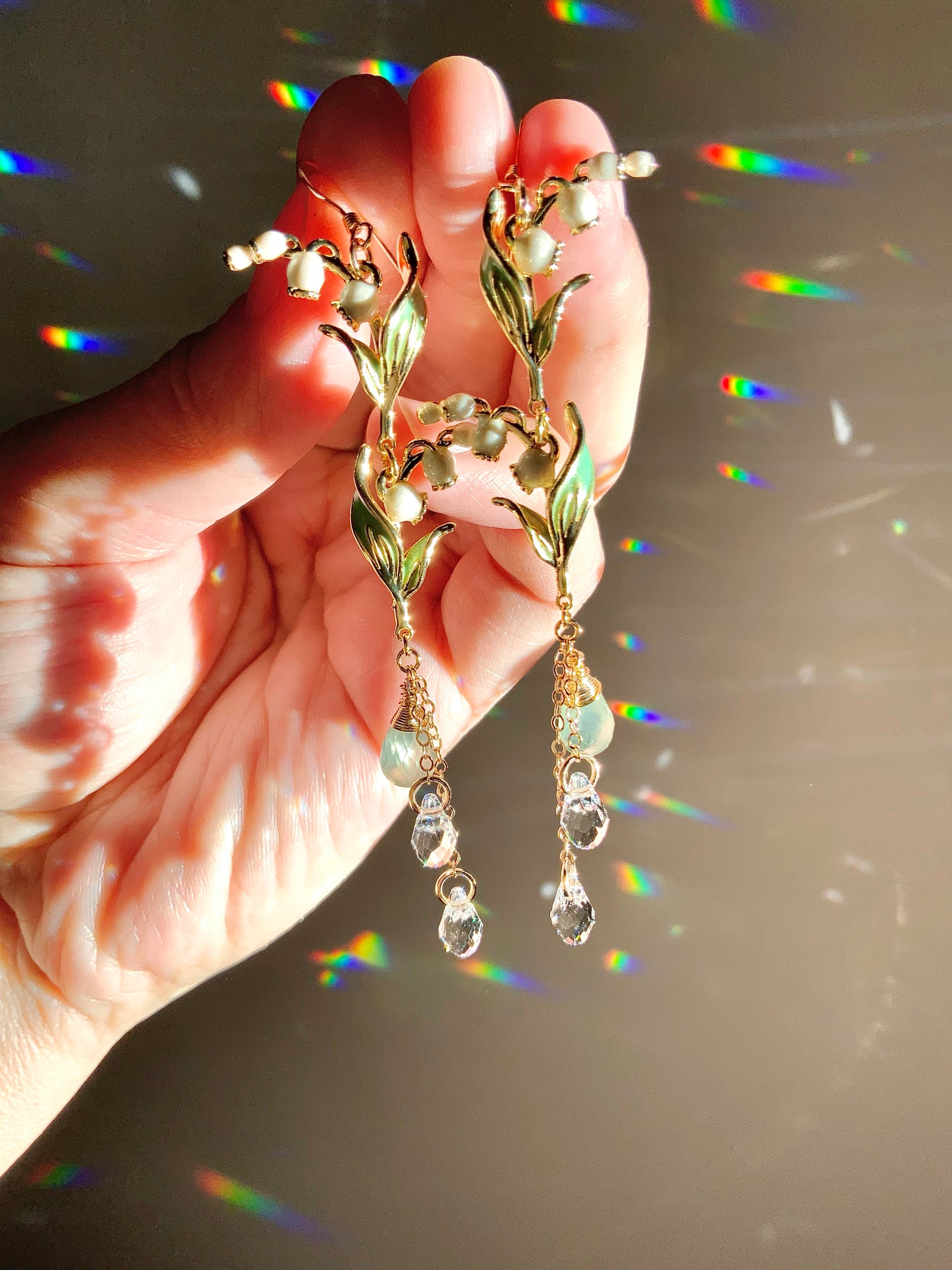 Prehnite Lily of the Valley Earrings~ 14k Gold-Filled Floral Enamel Jewelry