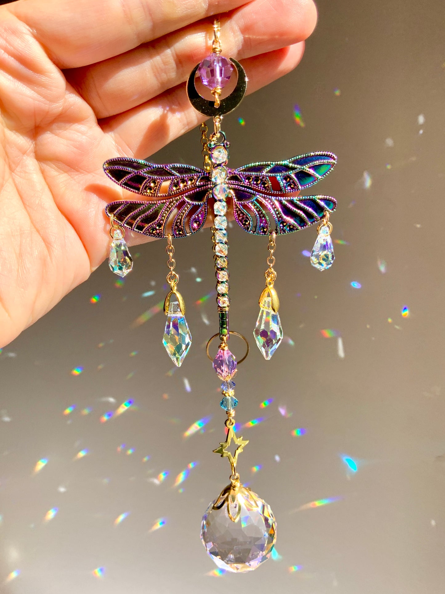 "Eventide" Dragonfly Crystal Ball Suncatcher, Window Charm made with ombré prisms and 18k Gold-Plated Brass