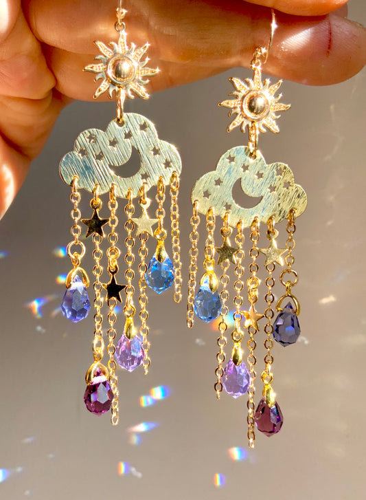 Ombré Purple Blue Crystal Rain Cloud earrings~ 18k Gold-Plated Sun Moon Celestial prism Suncatcher jewelry