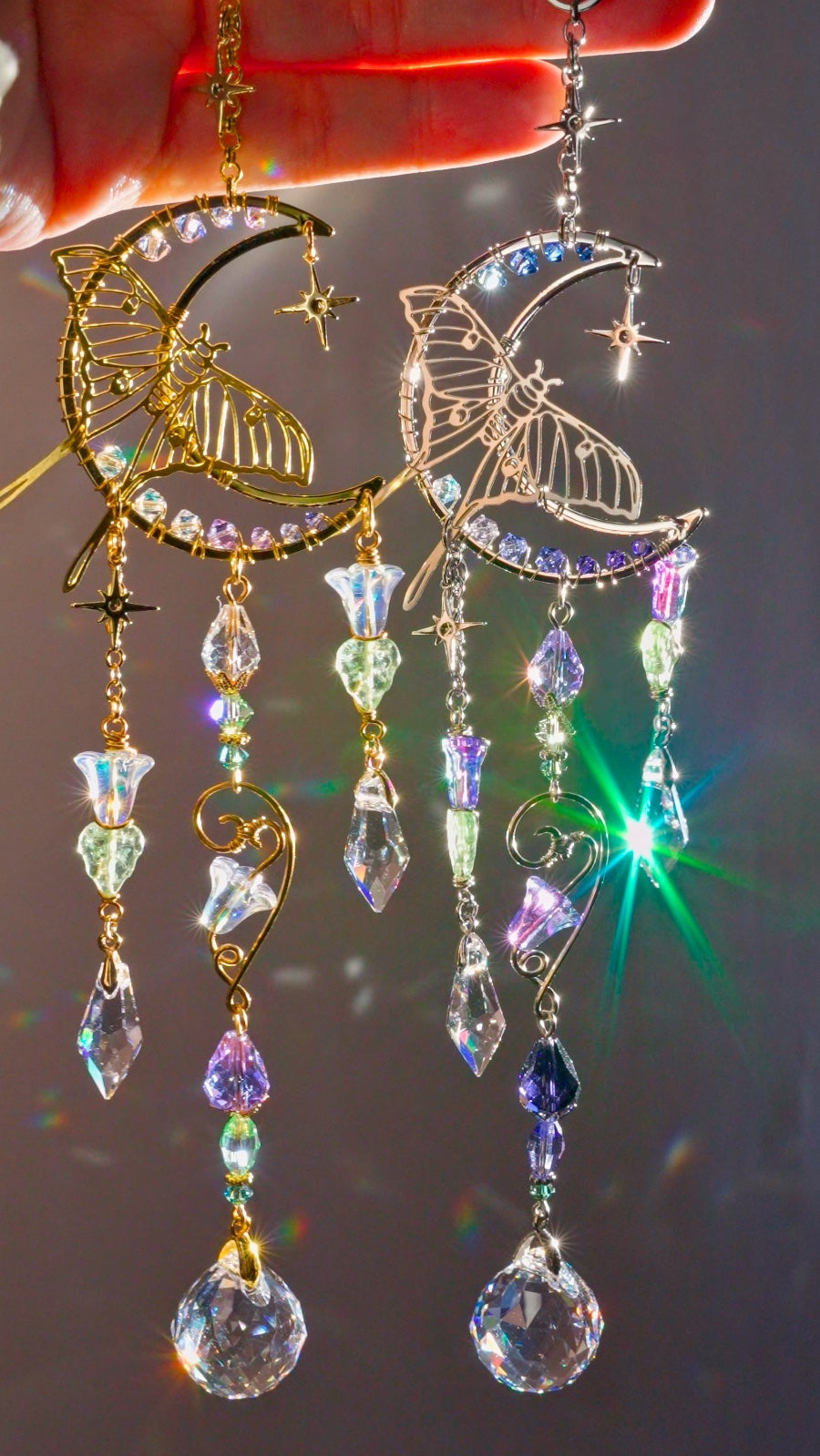 Moonflower Luna Moth Car Charm, 18k Gold-Plated Witchy Crystal Celestial Moon Prism Suncatcher, rearview mirror hanger