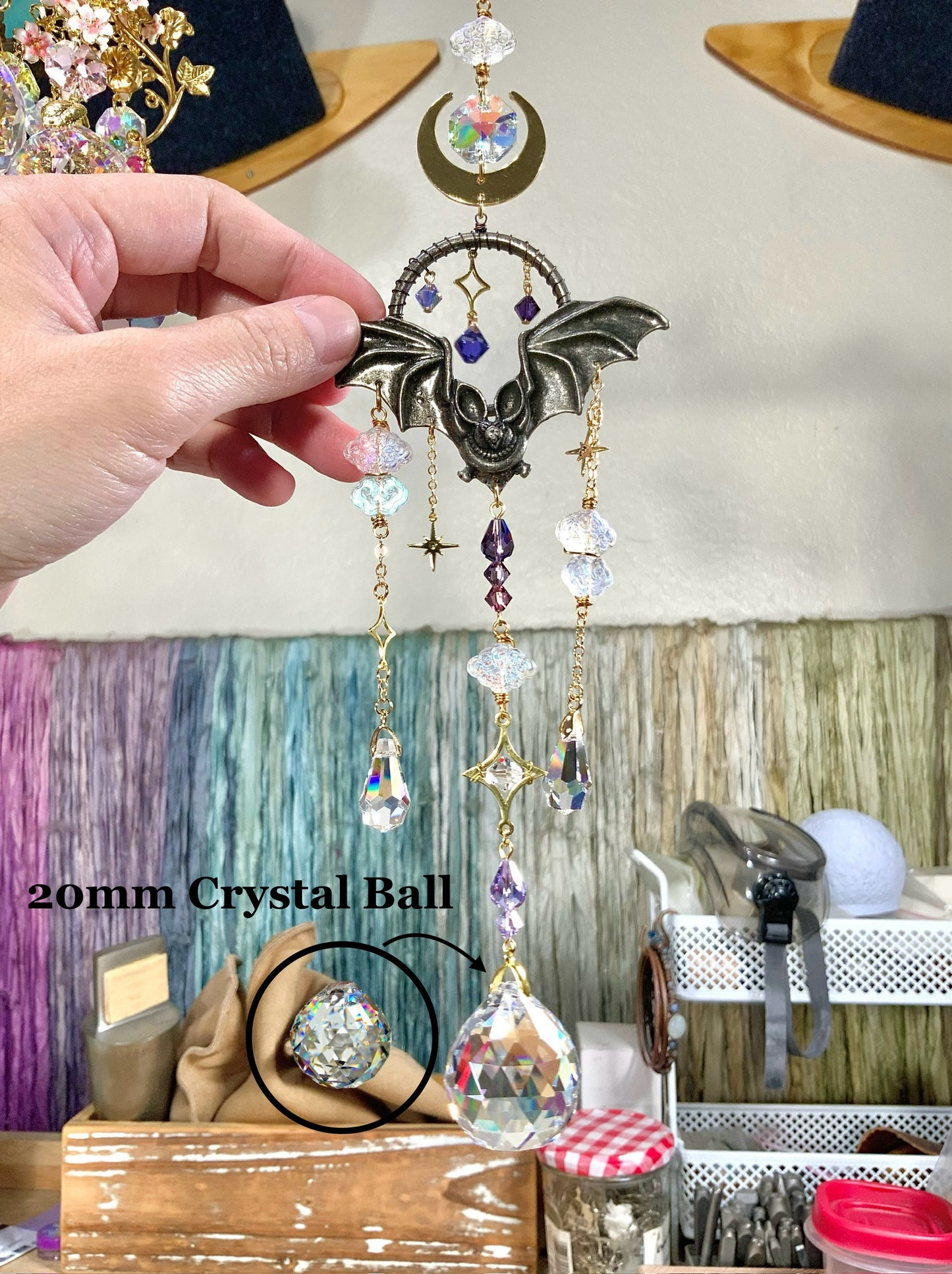 "Night Flight" Bat Mini Suncatcher, 18k Gold-Plated Moon Starry Night Clouds Crystal prisms, spooky Halloween Suncatchers
