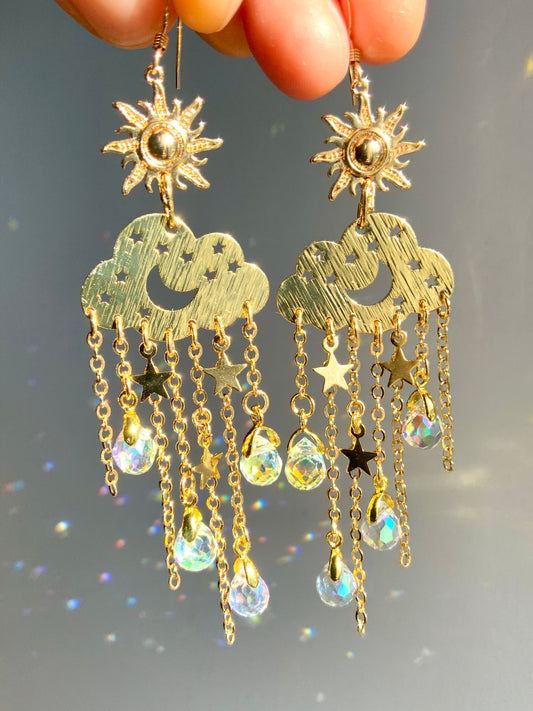 Aura Crystal Rain Cloud earrings~ 18k Gold-Plated Sun Moon Celestial prism Suncatcher jewelry