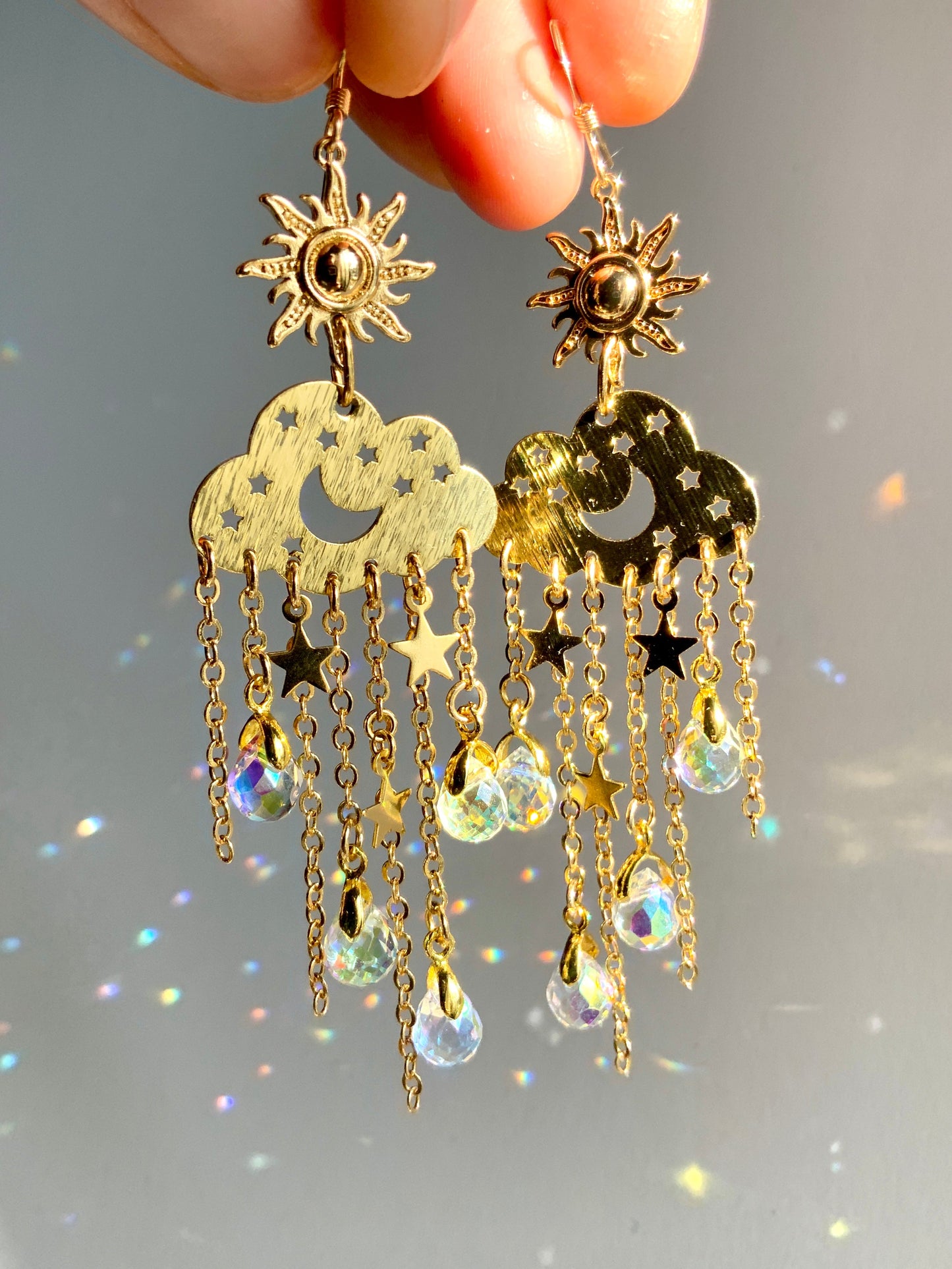 Aura Crystal Rain Cloud earrings~ 18k Gold-Plated Sun Moon Celestial prism Suncatcher jewelry