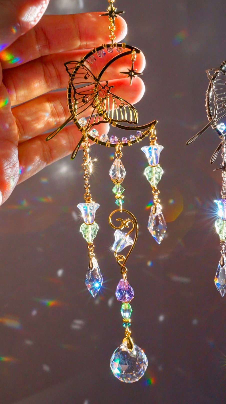 Moonflower Luna Moth Car Charm, 18k Gold-Plated Witchy Crystal Celestial Moon Prism Suncatcher, rearview mirror hanger