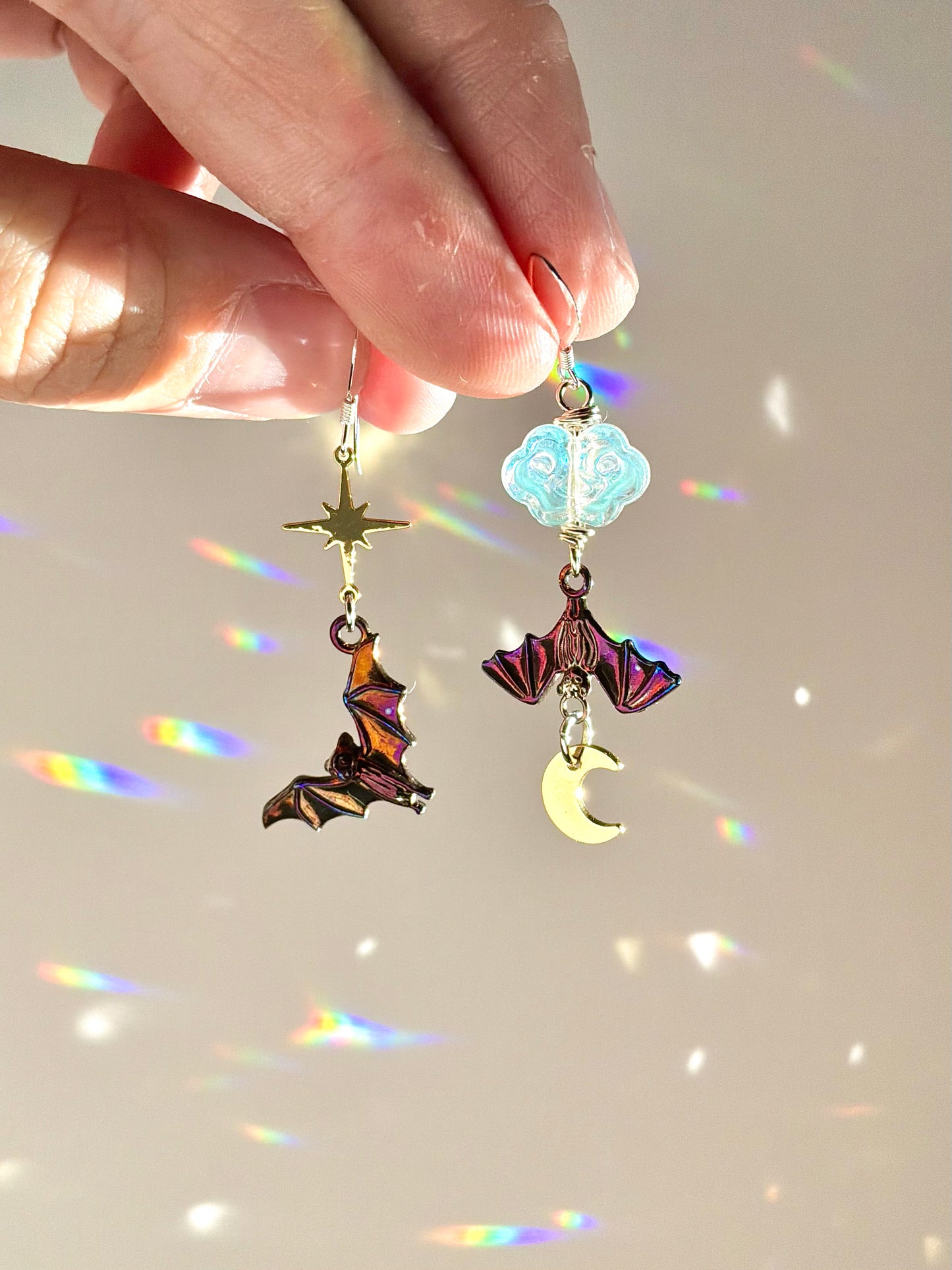 Fire-Painted Asymmetrical Bat Earrings, 18k Gold-Plated Moon and Star with Iridescenf Glass Cloud, spooky Halloween jewelry