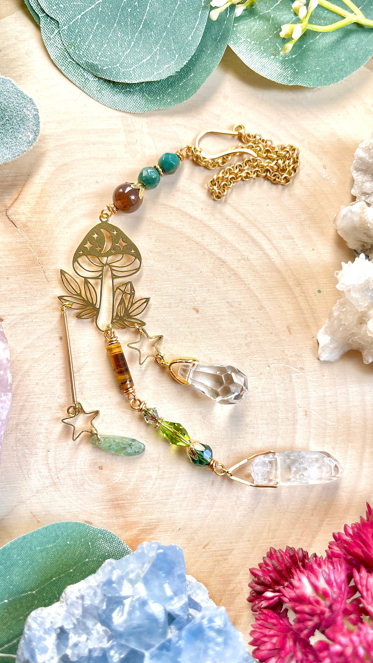 Gemstone Mushroom Car Charm with Raw Quartz, Kyanite, Tiger Eye, Jasper Crystal prisms for car mirror accessories