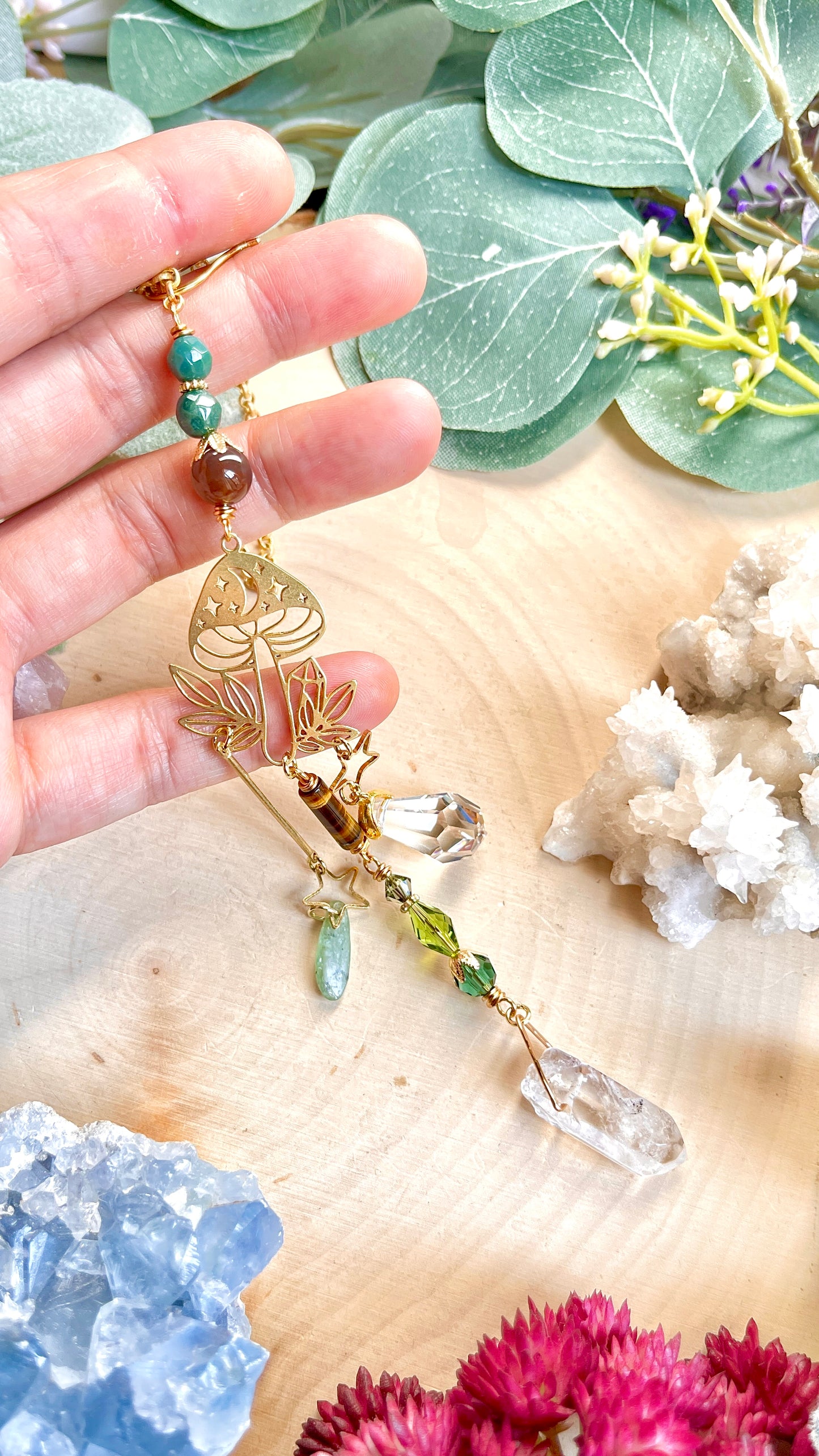 Gemstone Mushroom Car Charm with Raw Quartz, Kyanite, Tiger Eye, Jasper Crystal prisms for car mirror accessories