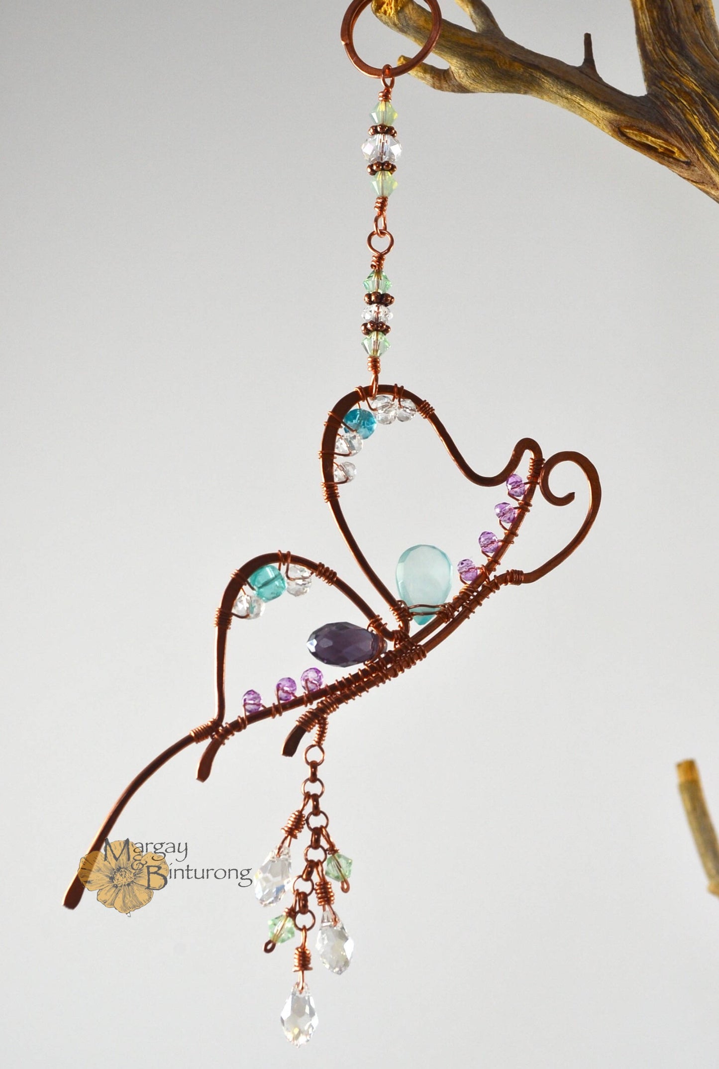 Sparkly small Butterfly suncatcher with crystals, Crystal prism rear view mirror ornament