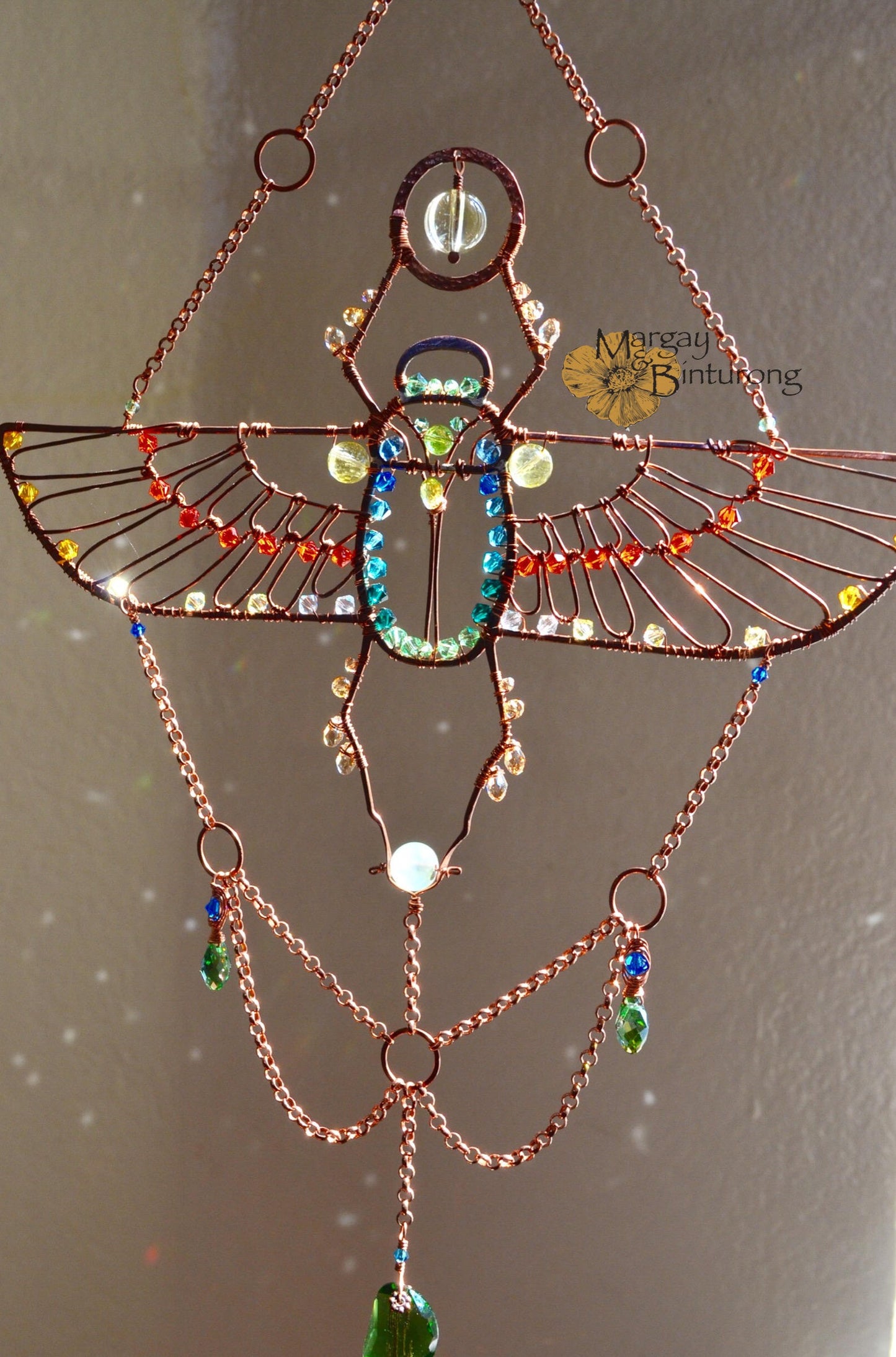 Egyptian Scarab Beetle Suncatcher with London Blue Topaz, Peridot, Prehnite, and Crystal prisms