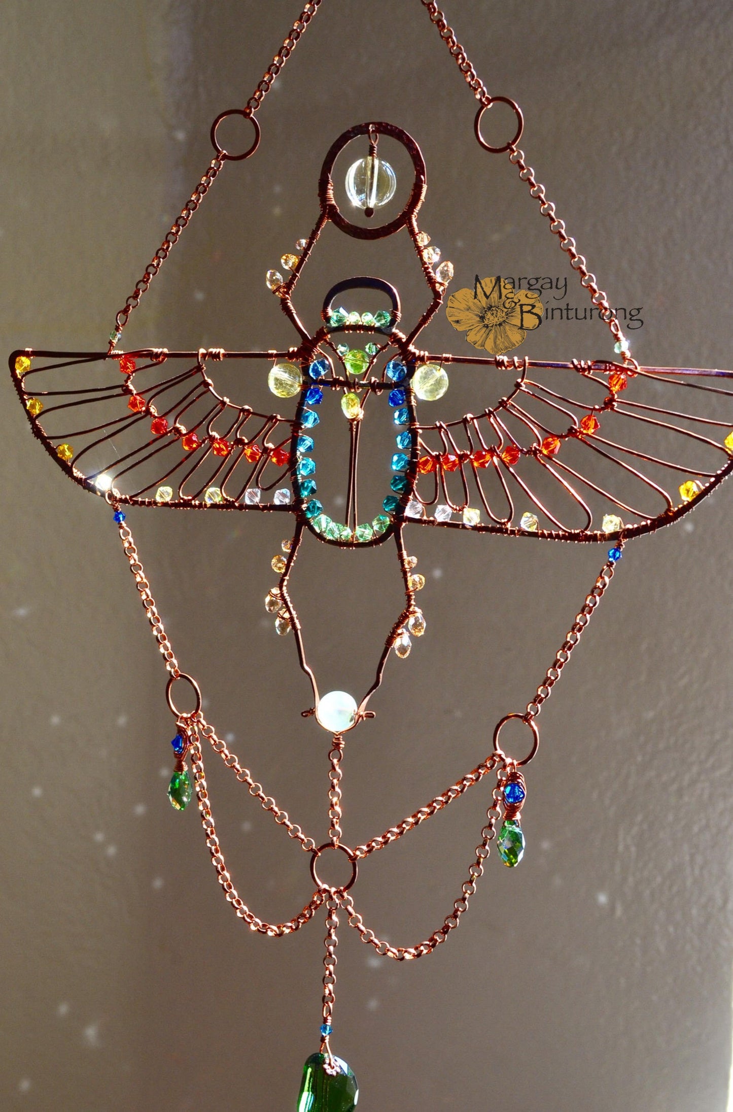 Egyptian Scarab Beetle Suncatcher with London Blue Topaz, Peridot, Prehnite, and Crystal prisms