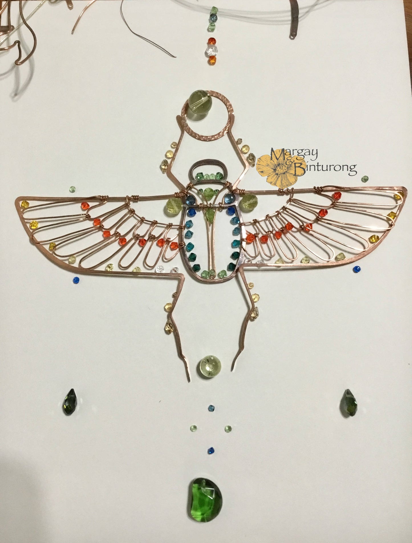 Egyptian Scarab Beetle Suncatcher with London Blue Topaz, Peridot, Prehnite, and Crystal prisms