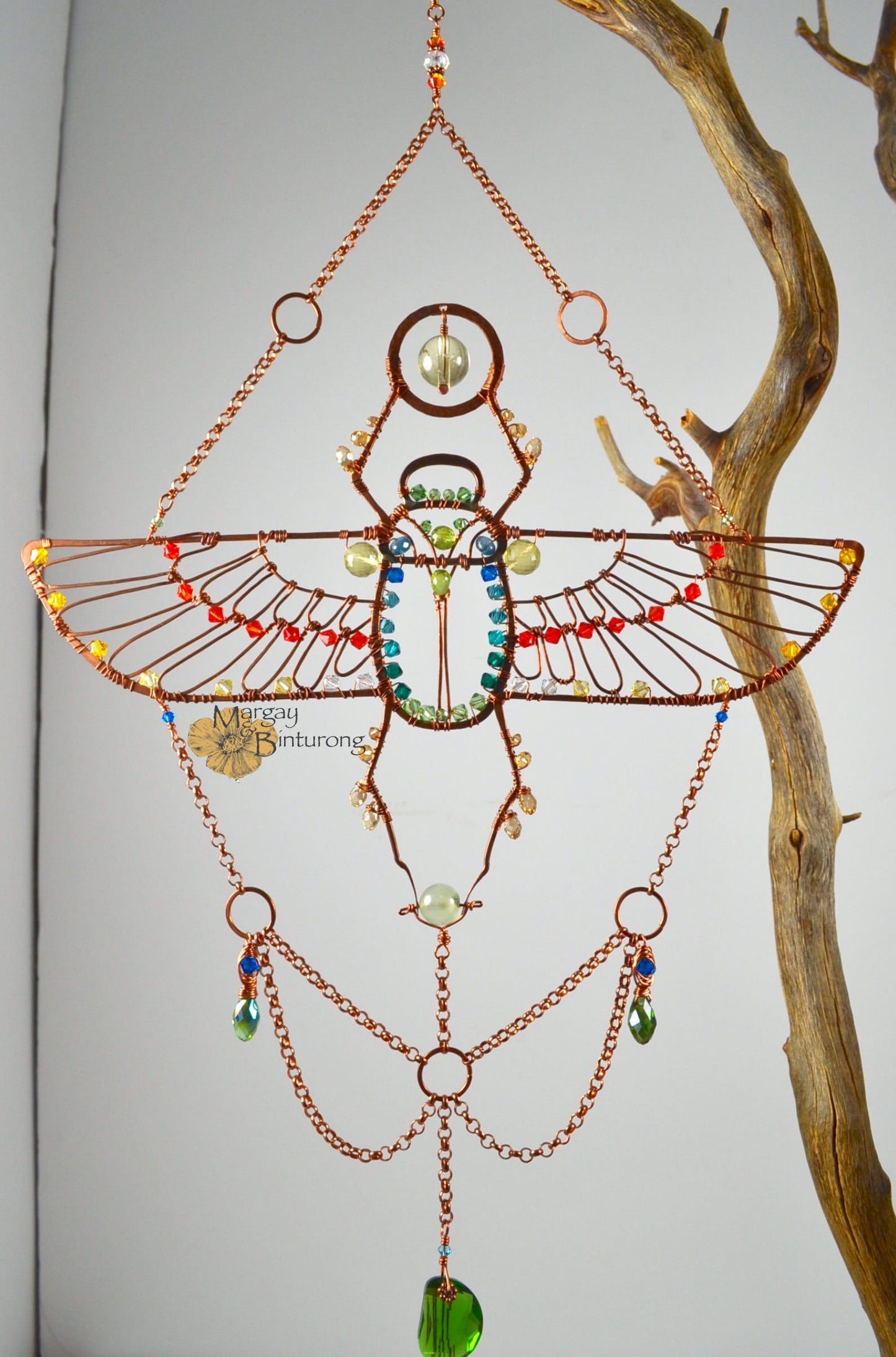 Egyptian Scarab Beetle Suncatcher with London Blue Topaz, Peridot, Prehnite, and Crystal prisms