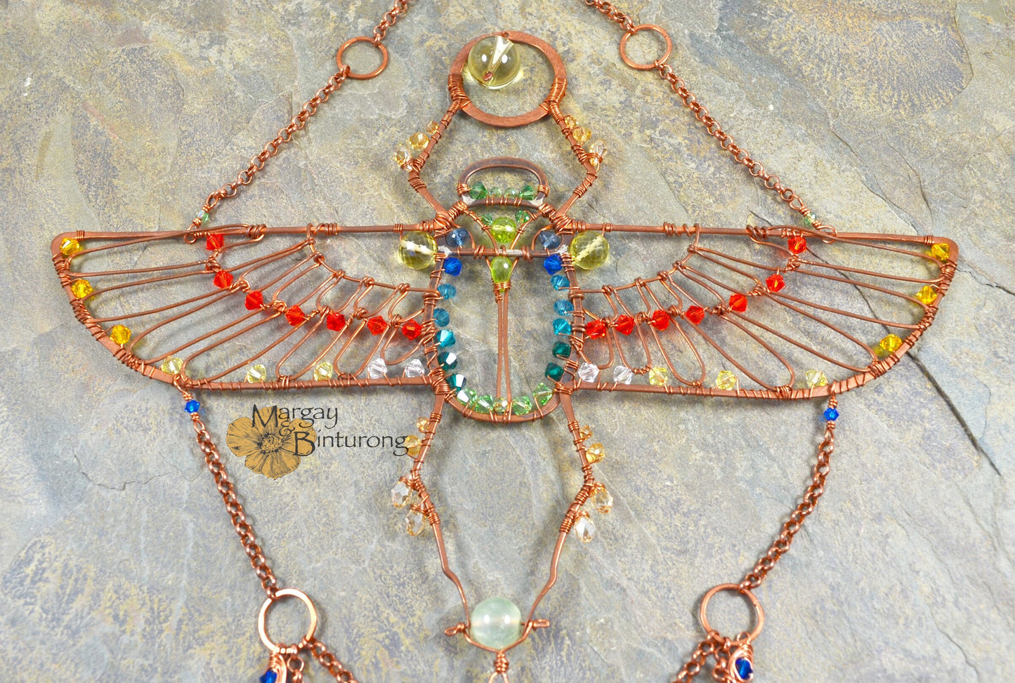 Egyptian Scarab Beetle Suncatcher with London Blue Topaz, Peridot, Prehnite, and Crystal prisms