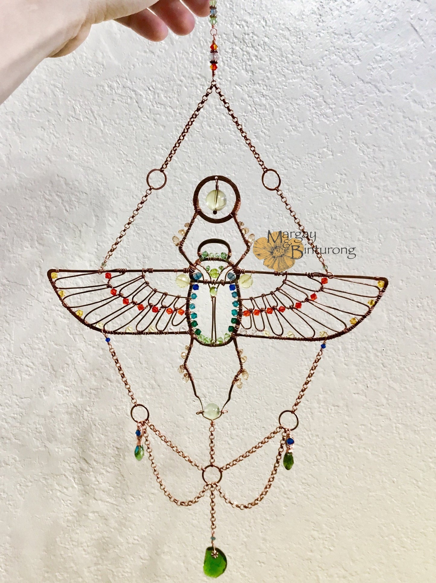 Egyptian Scarab Beetle Suncatcher with London Blue Topaz, Peridot, Prehnite, and Crystal prisms