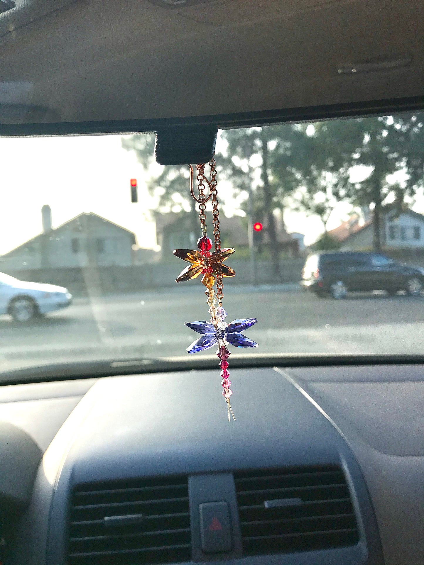 Tiny Dragonfly rear view mirror car charms: Rainbow Suncatchers made from Crystal Prisms