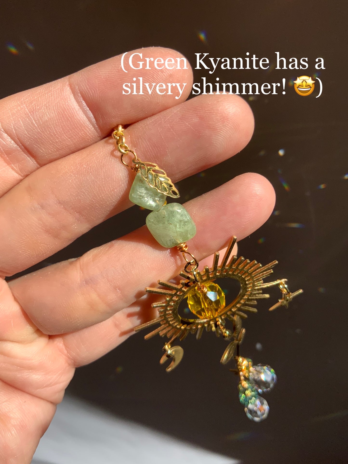 Sun with Green Kyanite Crystal Rear View Mirror Car Charm, auto decoration accessories