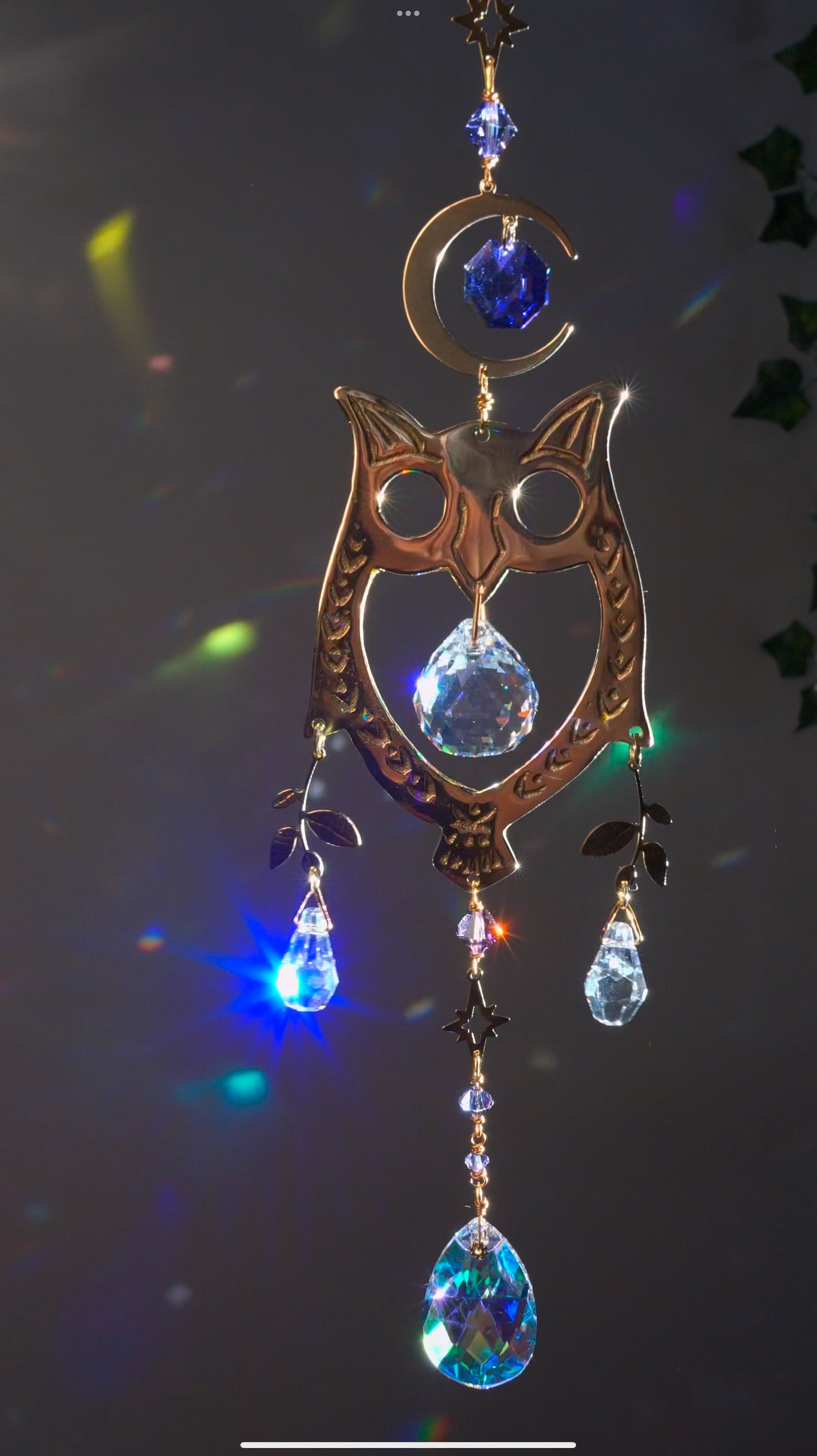 "Night Owl" ~ Mini Suncatcher, boho witchy room decor made with Brass and Crystal Prisms