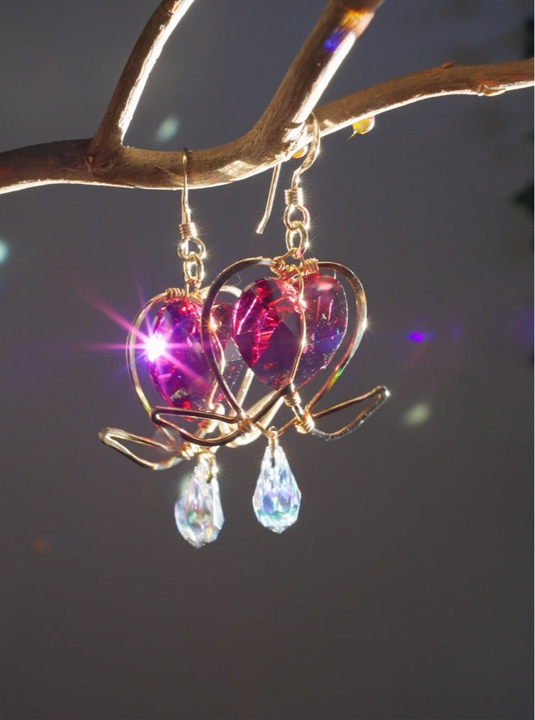Preorder- Small Bleeding Heart Flower Earrings— Choose your Crystal Color