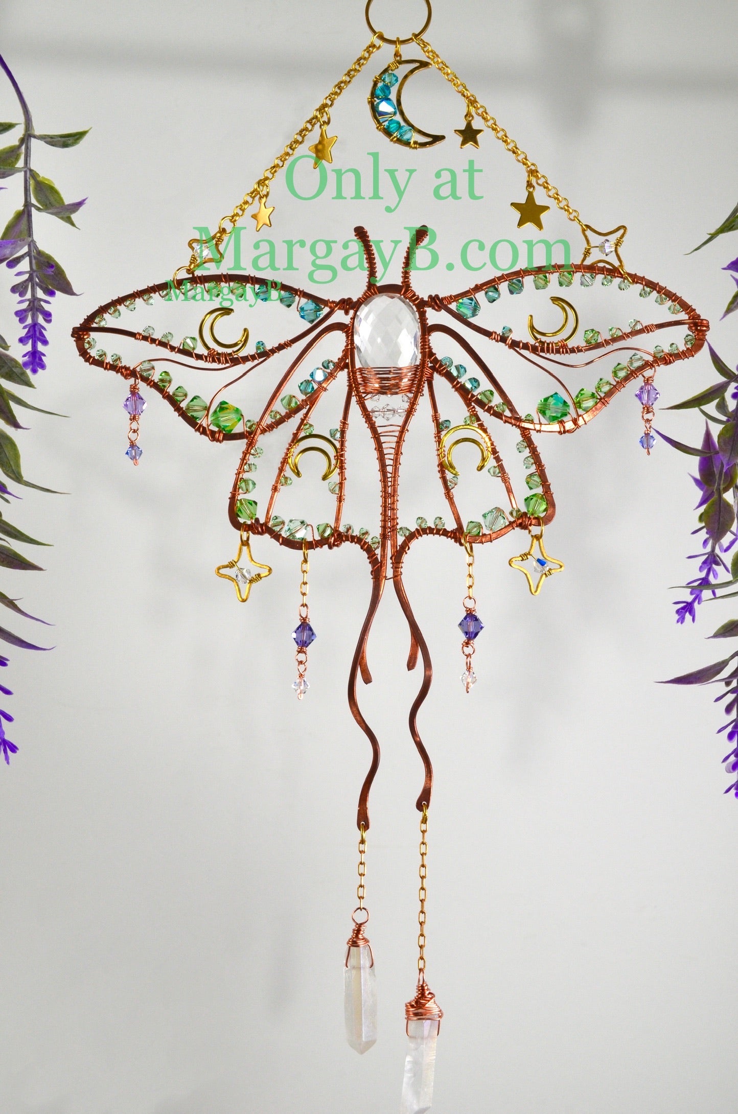 Luna Moth Moon Stars Suncatcher, boho witchy room decor rainbow maker Moth Necklace with raw crystal points