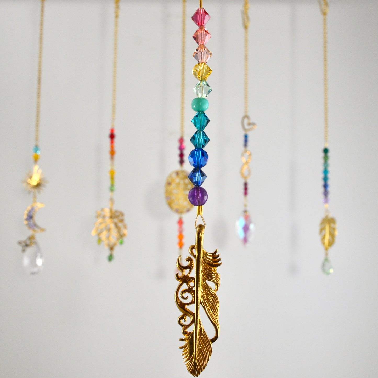 Boho Feather Rearview Mirror Car Charm, Rainbow Gemstone gold Crystal prisms auto decoration accessories