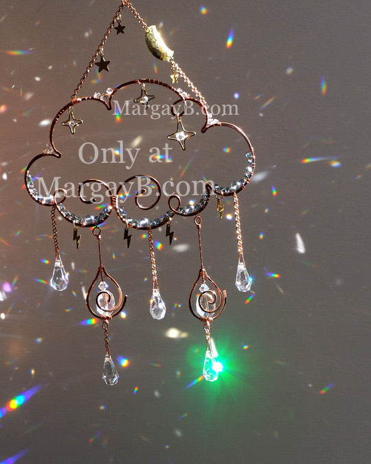 Rain Cloud Suncatcher with Moon, Stars, Lightning, and Crystal Raindrops