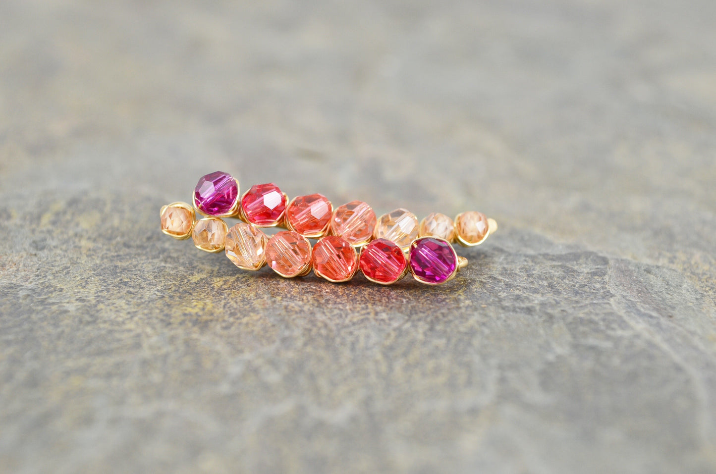 Ruby Grapefruit ombré Crystal Ear Climbers in Sterling Silver or 14k Gold Fill, ear crawler earrings