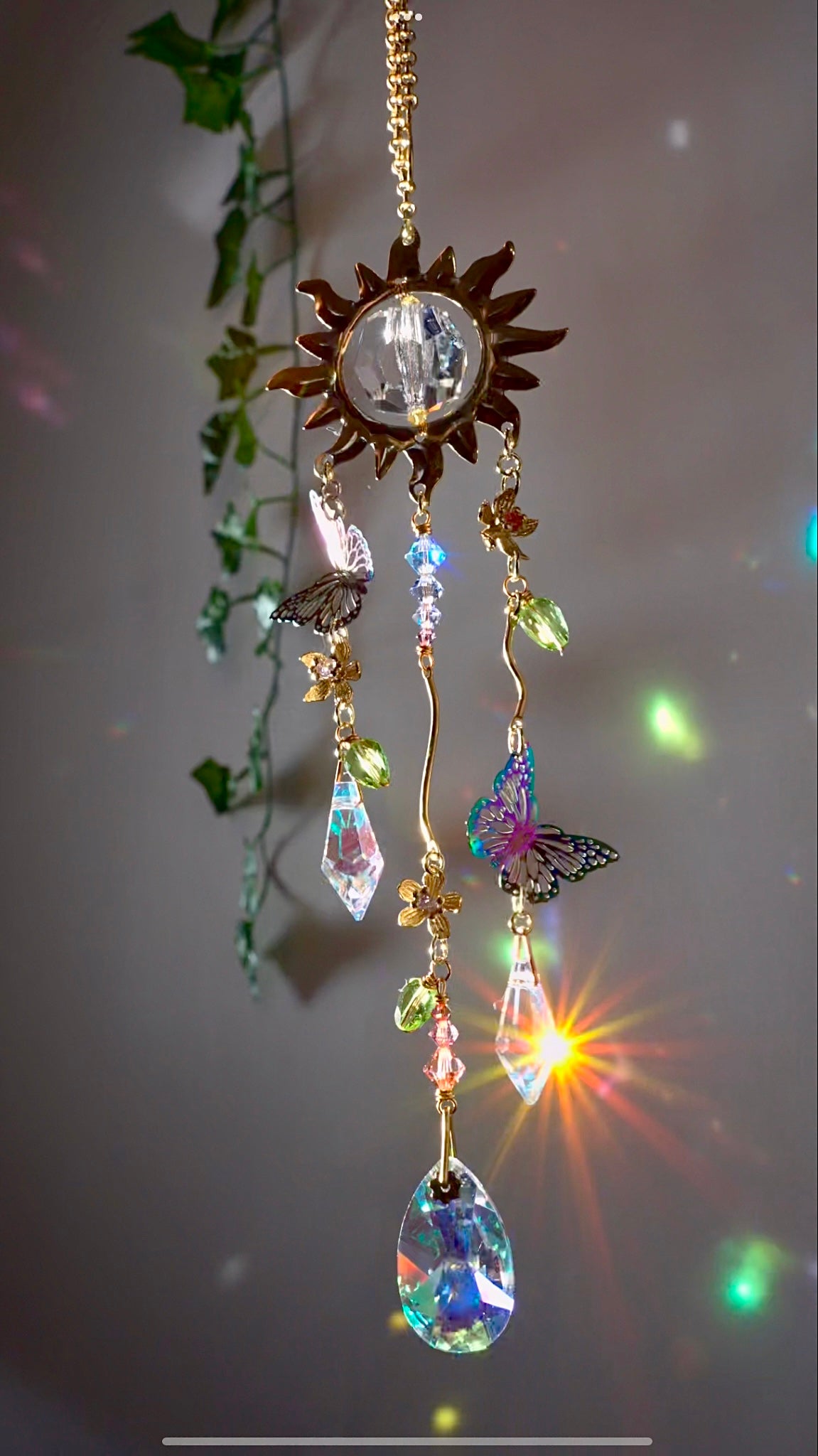 "Springtide" Car Charm~ Sun with Butterflies and Flowers, ombré pastel crystal prism Rear View Mirror hanger accessories
