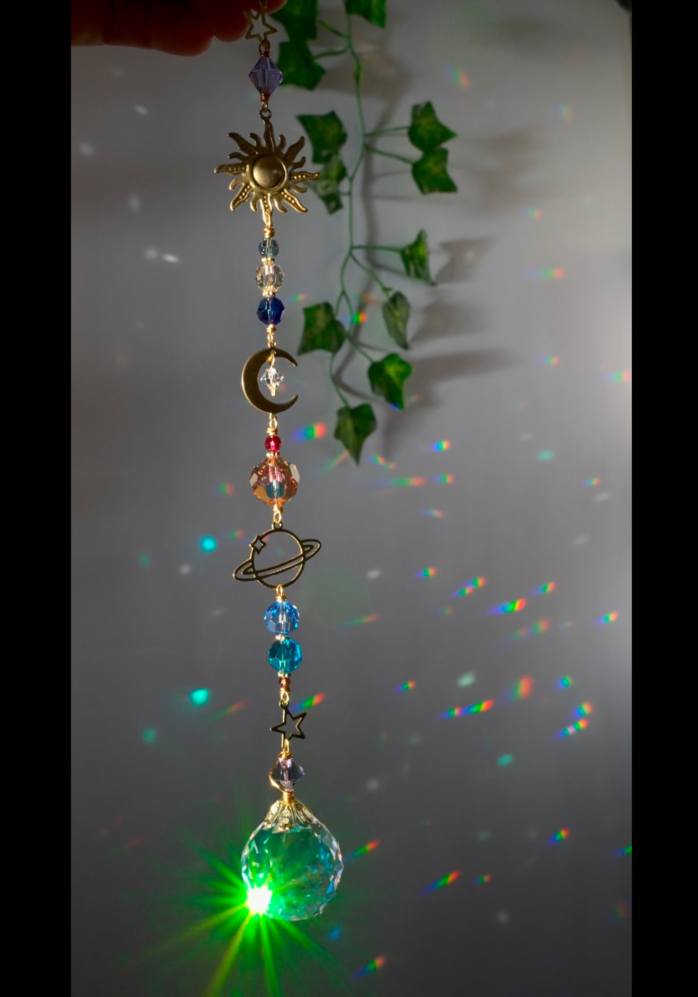 Solar System Crystal Ball Suncatcher Window Charm, celestial planetary hanger made with prisms and Brass