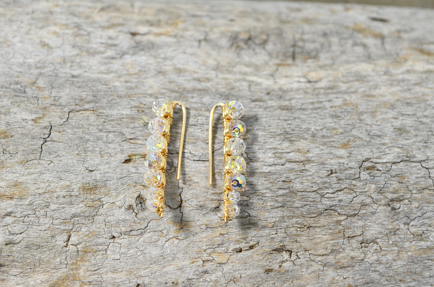 Rainbow Clear Crystal Ear Climbers in Sterling Silver or 14k Gold Fill, Crystal prism ear crawler earrings