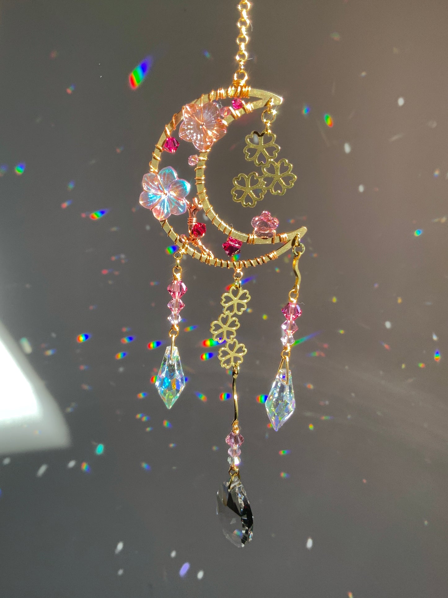 Sakura Moonglow Floral Aura Crystal Rear View Mirror Car Charm, Crescent Celestial auto decoration accessories made with 18k Gold-Plated