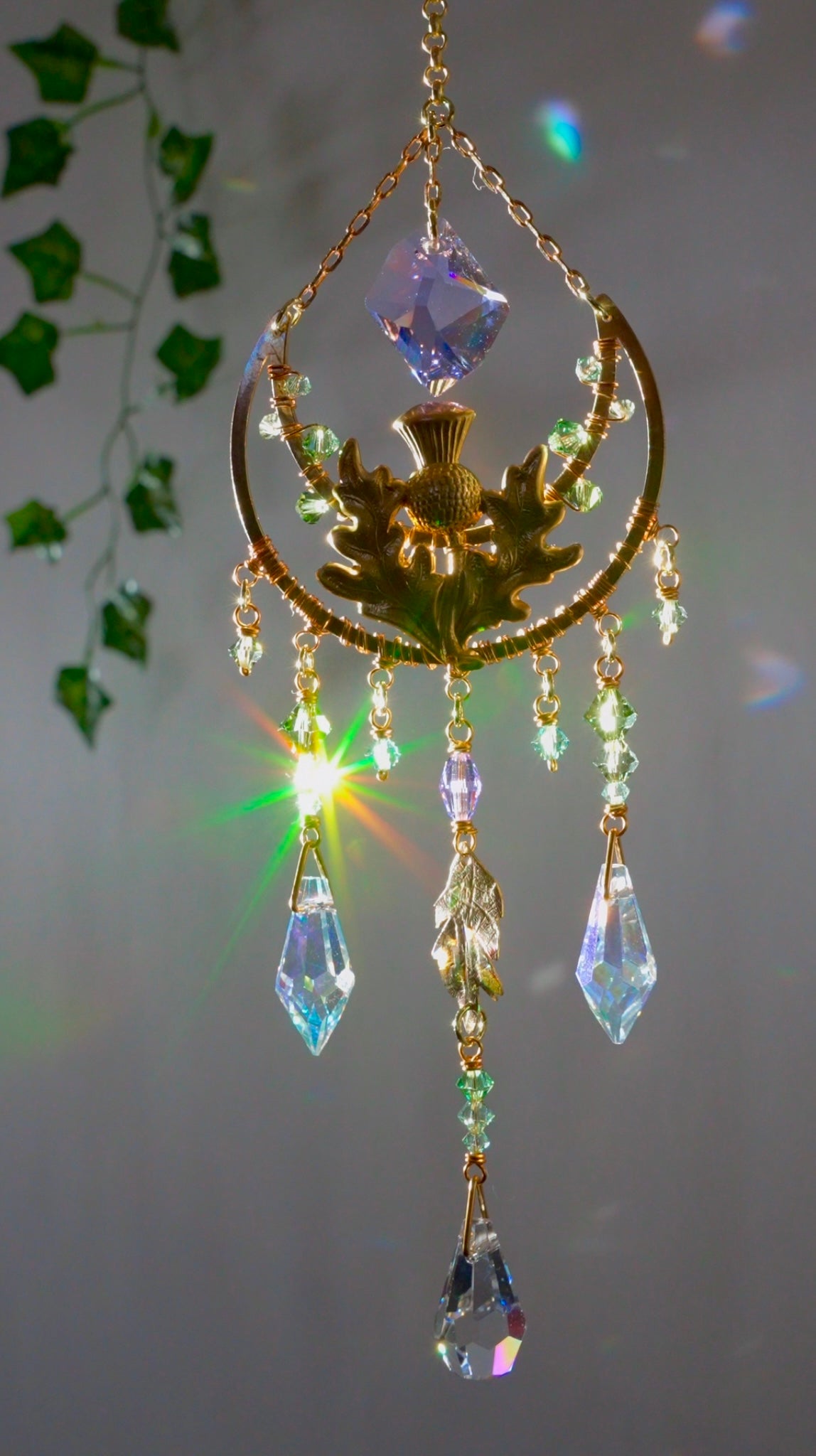 Wild Thistle Crystal Rear View Mirror Car Charm, Floral Crescent Moon auto decoration accessories made with Brass
