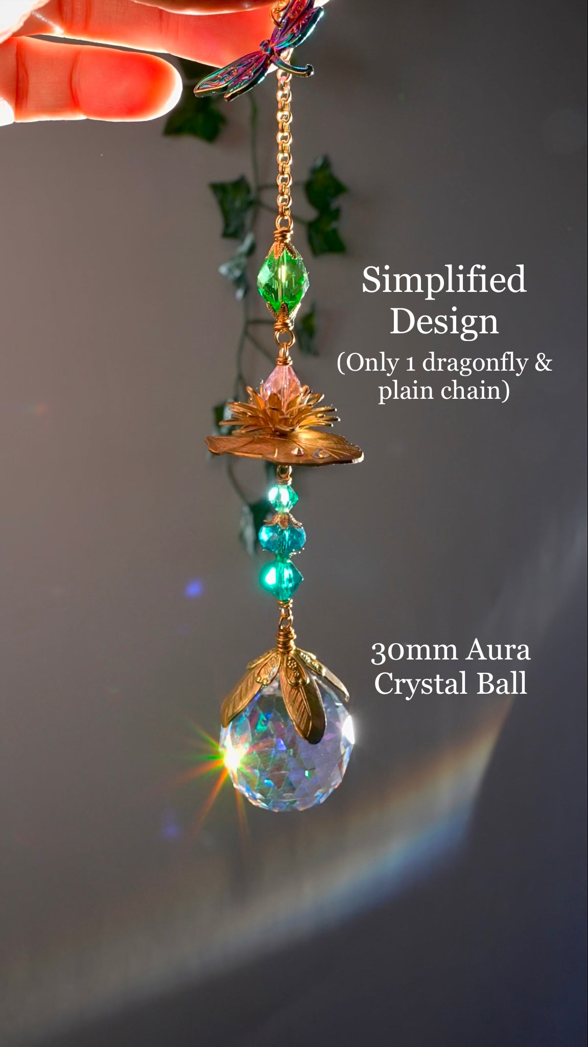Lotus Lilypad Dragonfly Crystal Ball Suncatcher, Window Charm made with ombré prisms and Brass