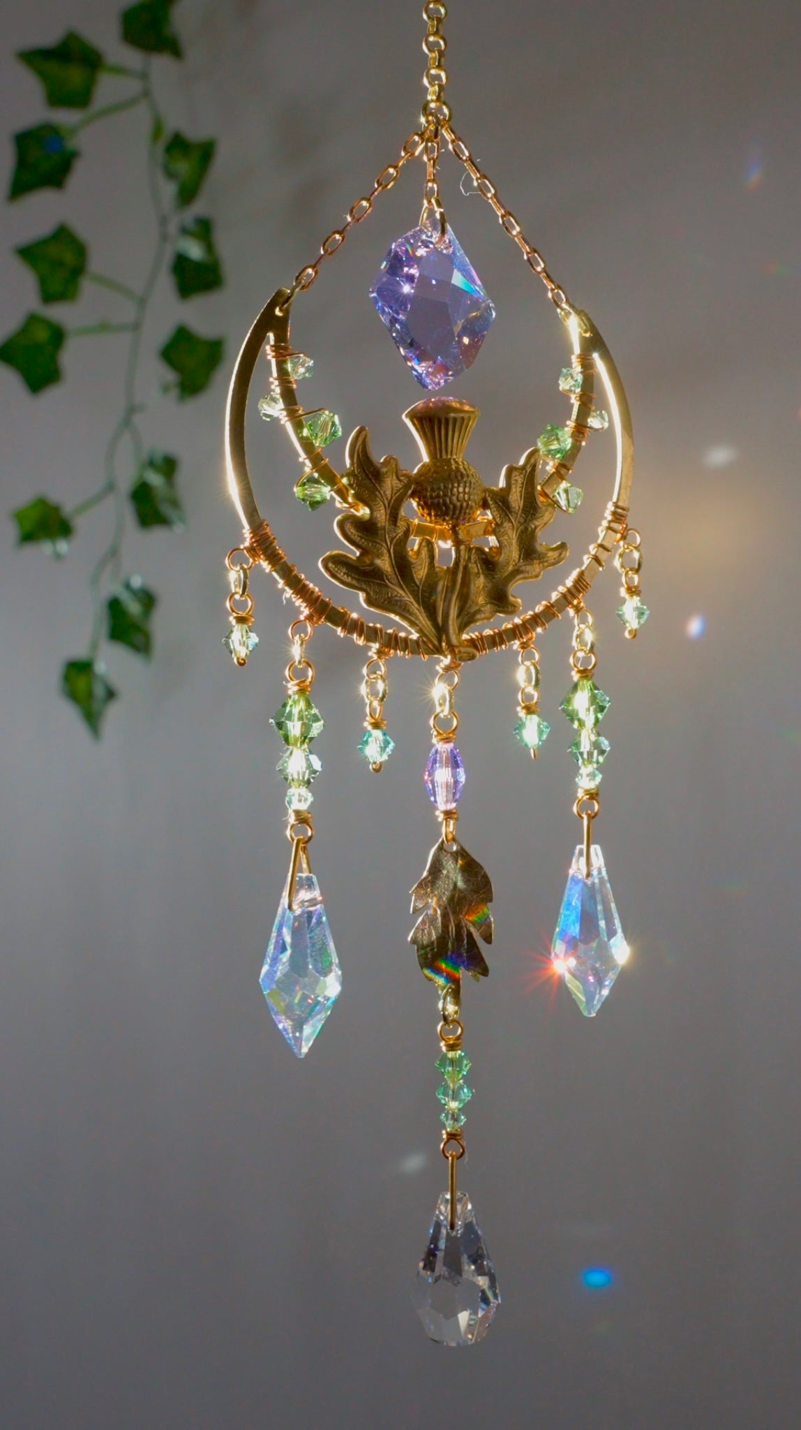 Wild Thistle Crystal Rear View Mirror Car Charm, Floral Crescent Moon auto decoration accessories made with Brass