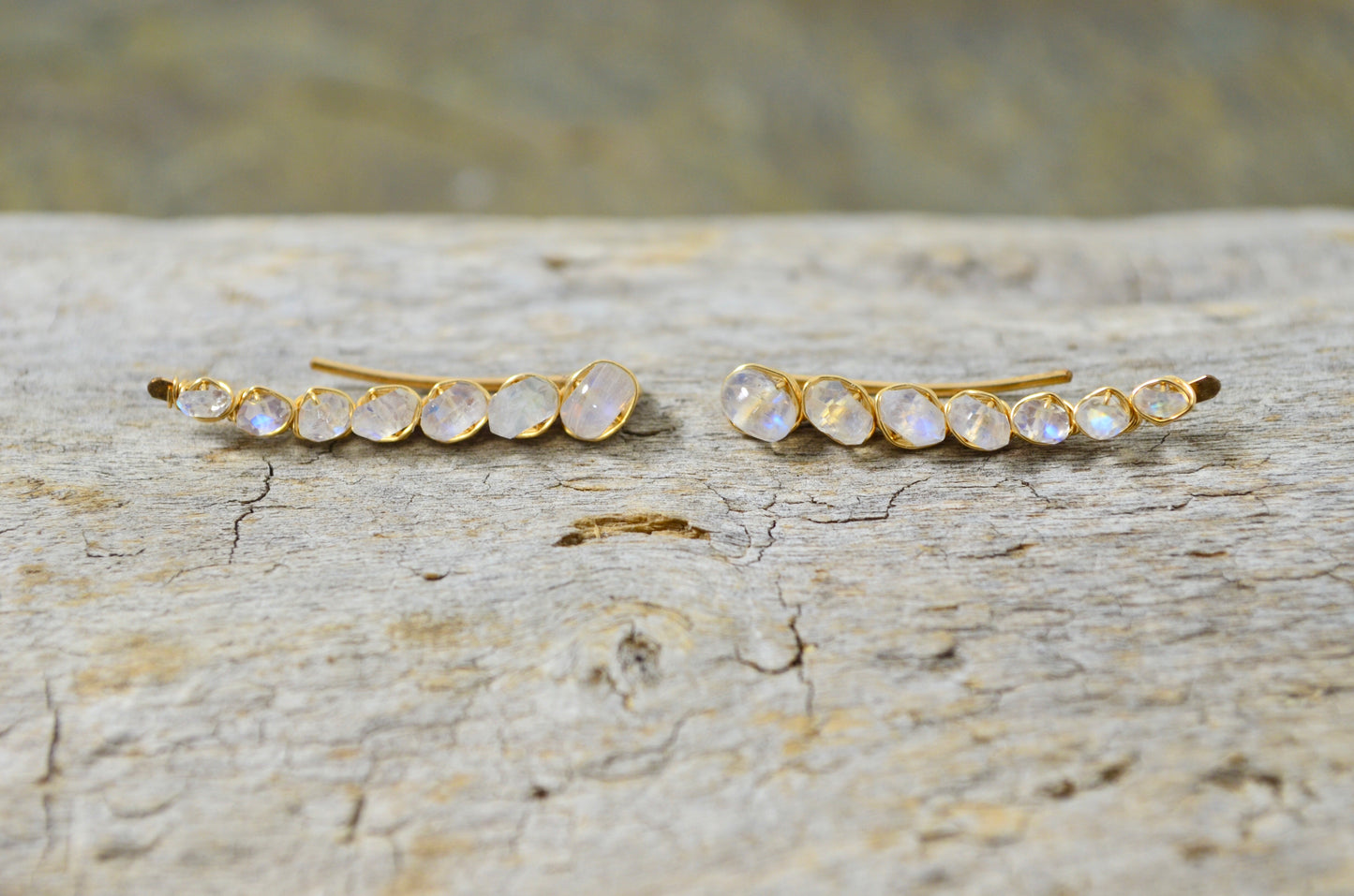 Rainbow Moonstone Ear Climbers in Sterling Silver or 14k Gold Fill, June Birthstone earrings