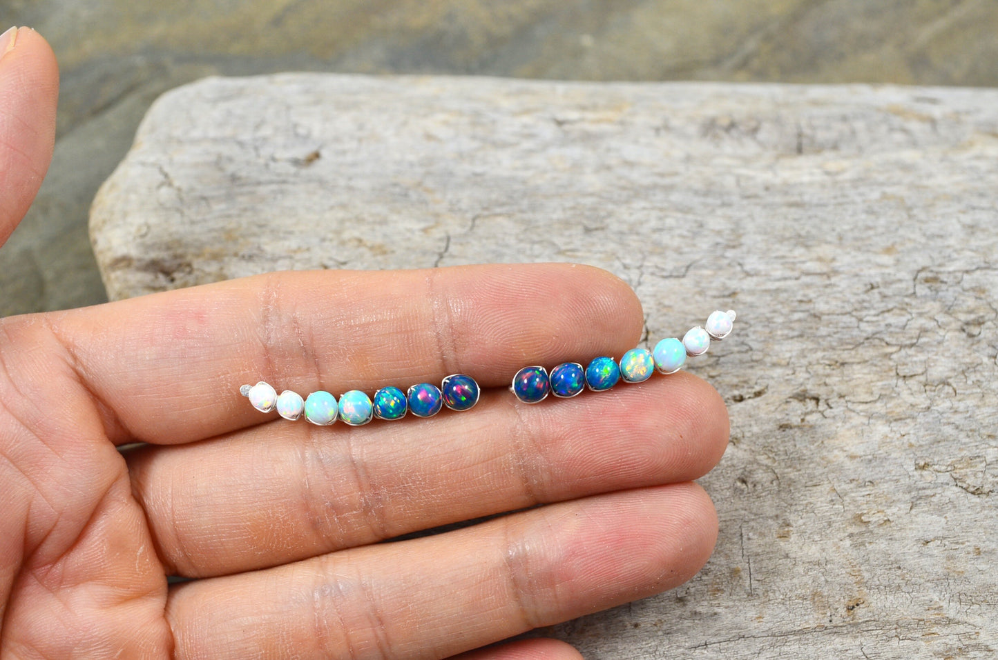Blue White Opal Ear Climbers, in Sterling Silver or 14k Gold Filled