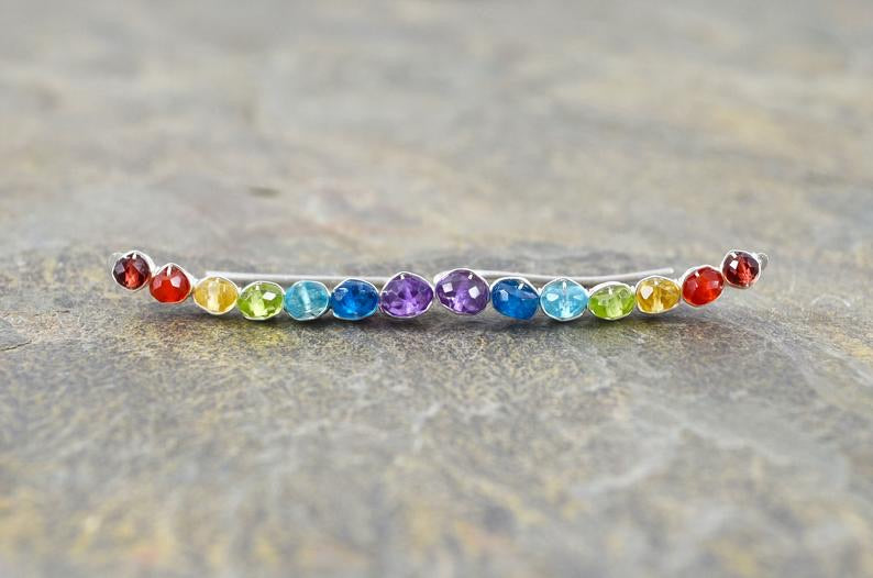Rainbow Gemstone Ear Climbers in Sterling Silver or 14k Gold Fill, cubic zirconia pride lgbtq earrings