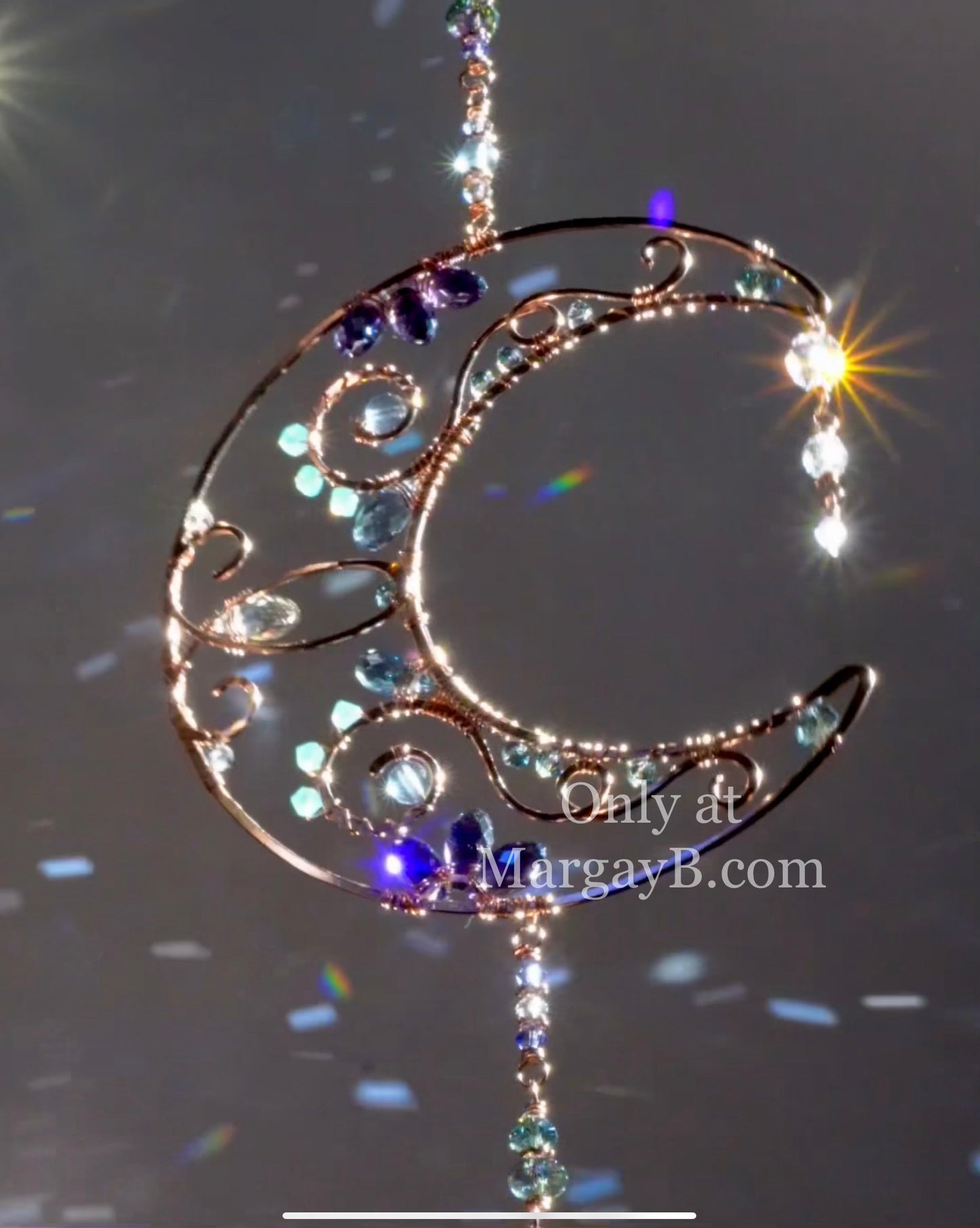 Crescent Moon Suncatcher Handmade with Wire Wrapped Crystal prism rainbow makers