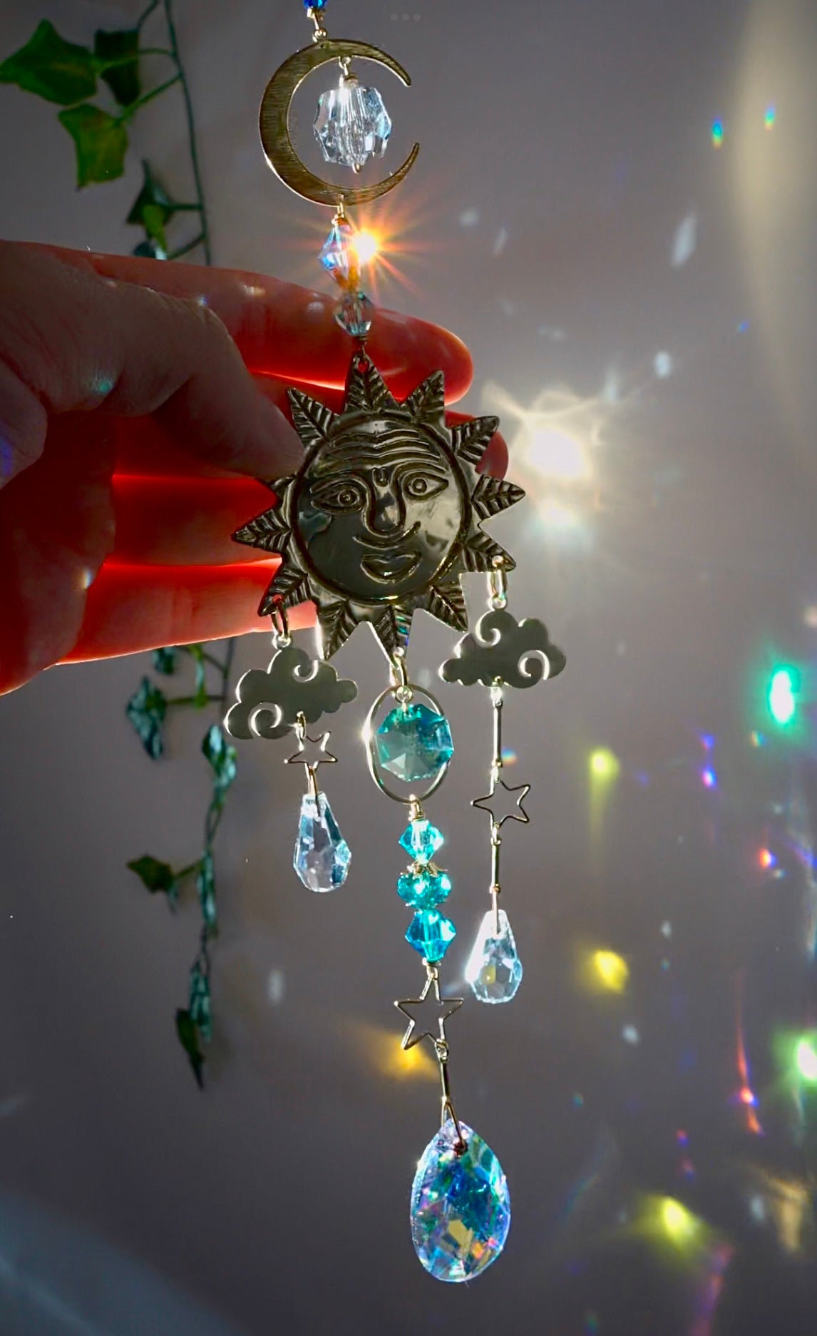 "Sunny Days" ~ Mini Suncatcher, boho witchy room decor made with Brass and Crystal Prisms