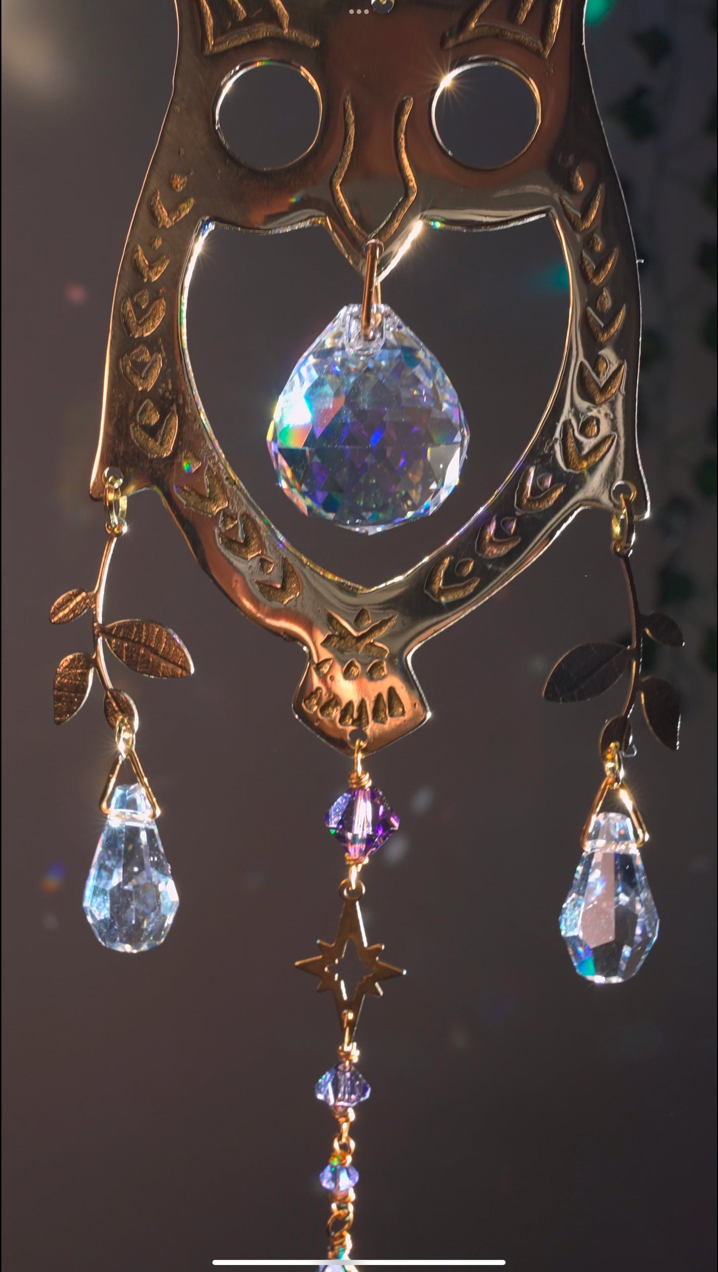 "Night Owl" ~ Mini Suncatcher, boho witchy room decor made with Brass and Crystal Prisms