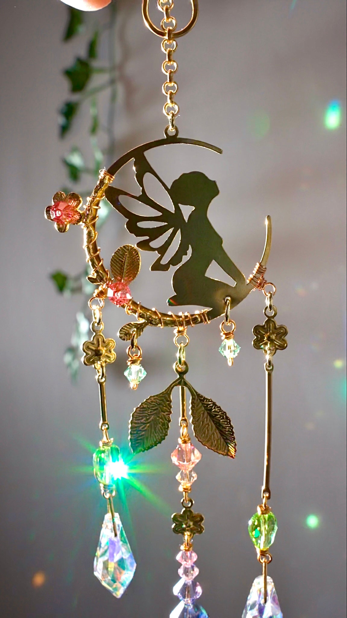 "Fairy Flora" Car Charm~ Fae with Flowers and Crescent Moon, ombré pastel crystal prism Rear View Mirror hanger accessories