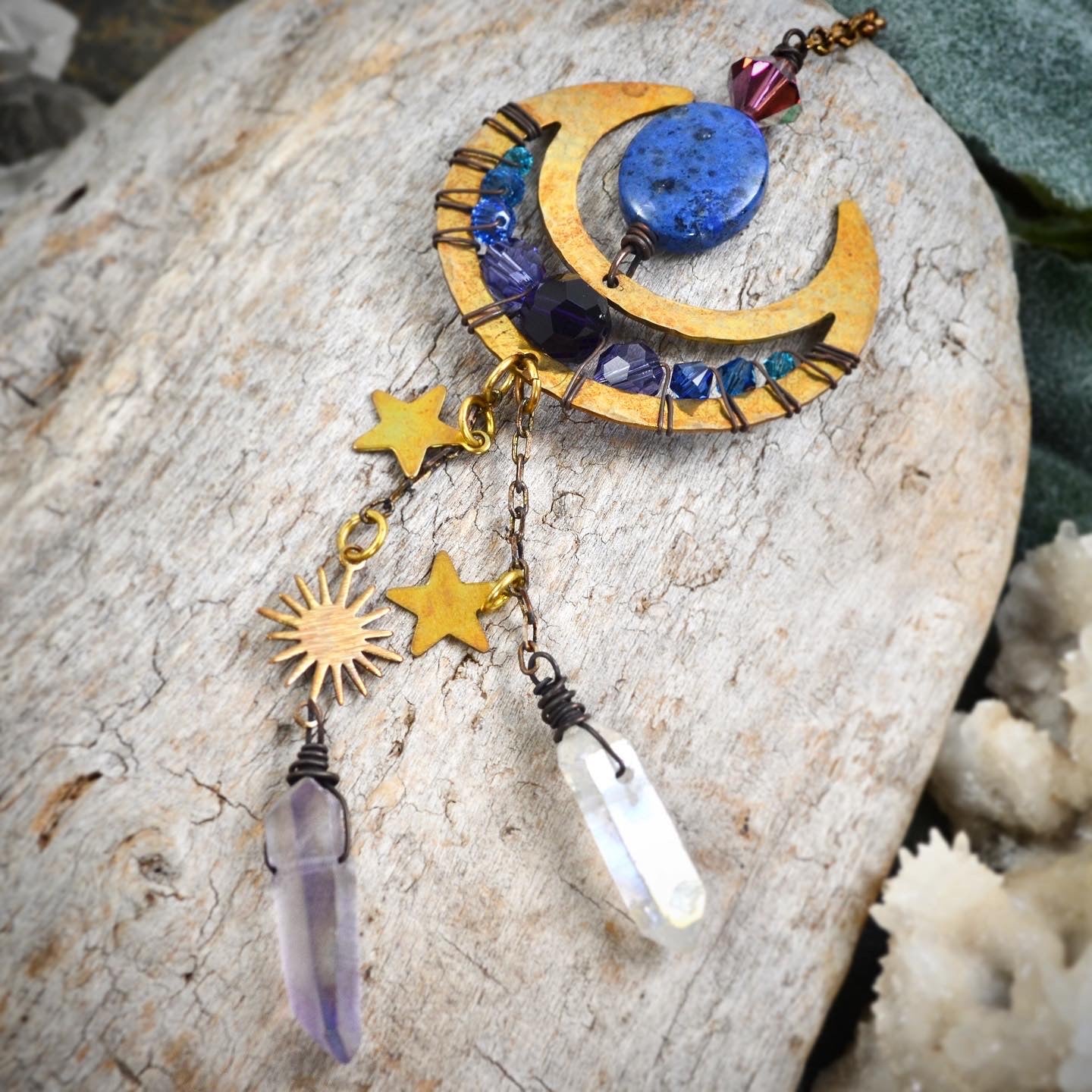 Sun Moon and Stars Rearview Mirror Car Charm, dark witchy decor Crystal prism car accessories