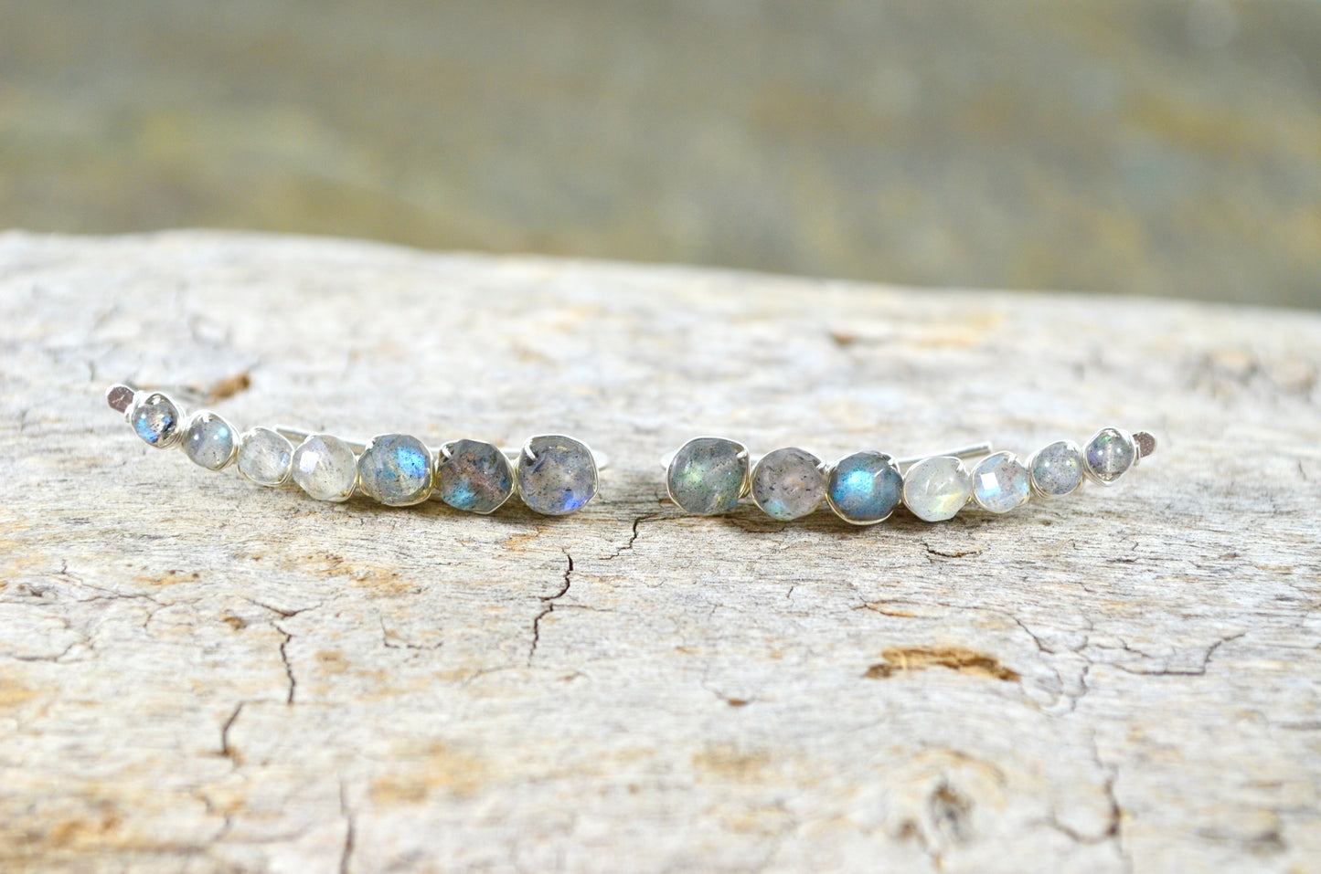 Labradorite Ear Climbers in Sterling Silver or 14k Gold Fill, gemstone earrings