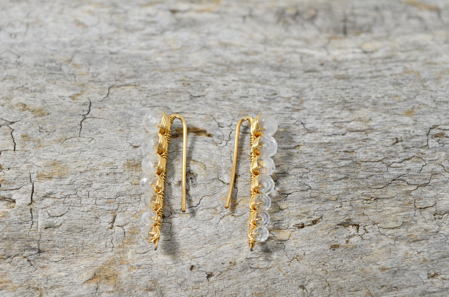 Rainbow Moonstone Ear Climbers in Sterling Silver or 14k Gold Fill, June Birthstone earrings