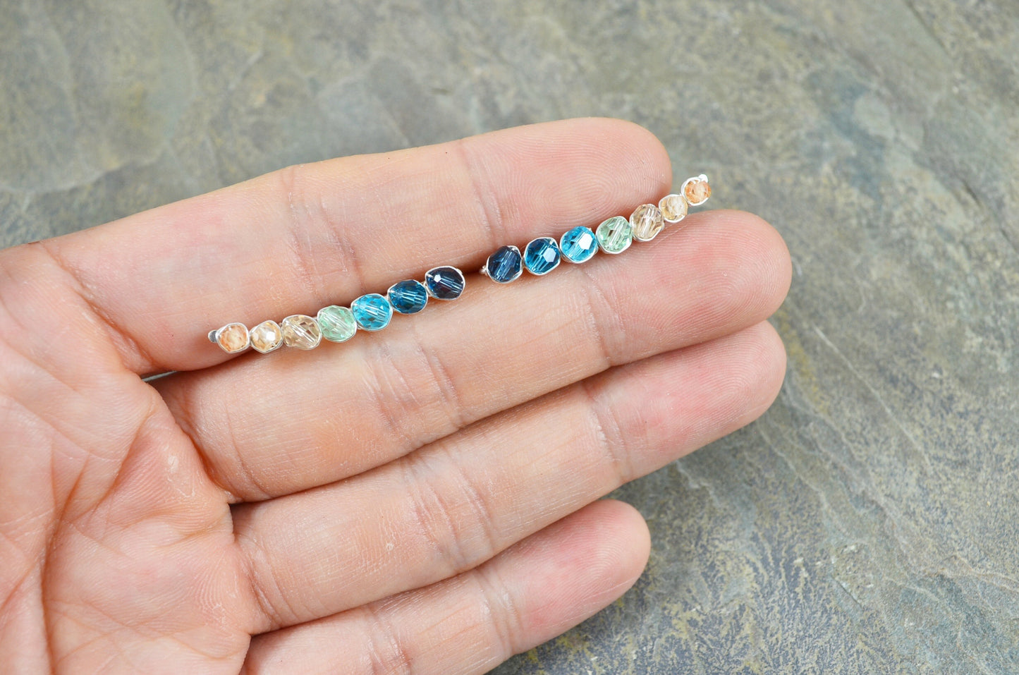 Tropical Bay inspired ombré Crystal Ear Climbers in Sterling Silver or 14k Gold Fill, ear crawler earrings