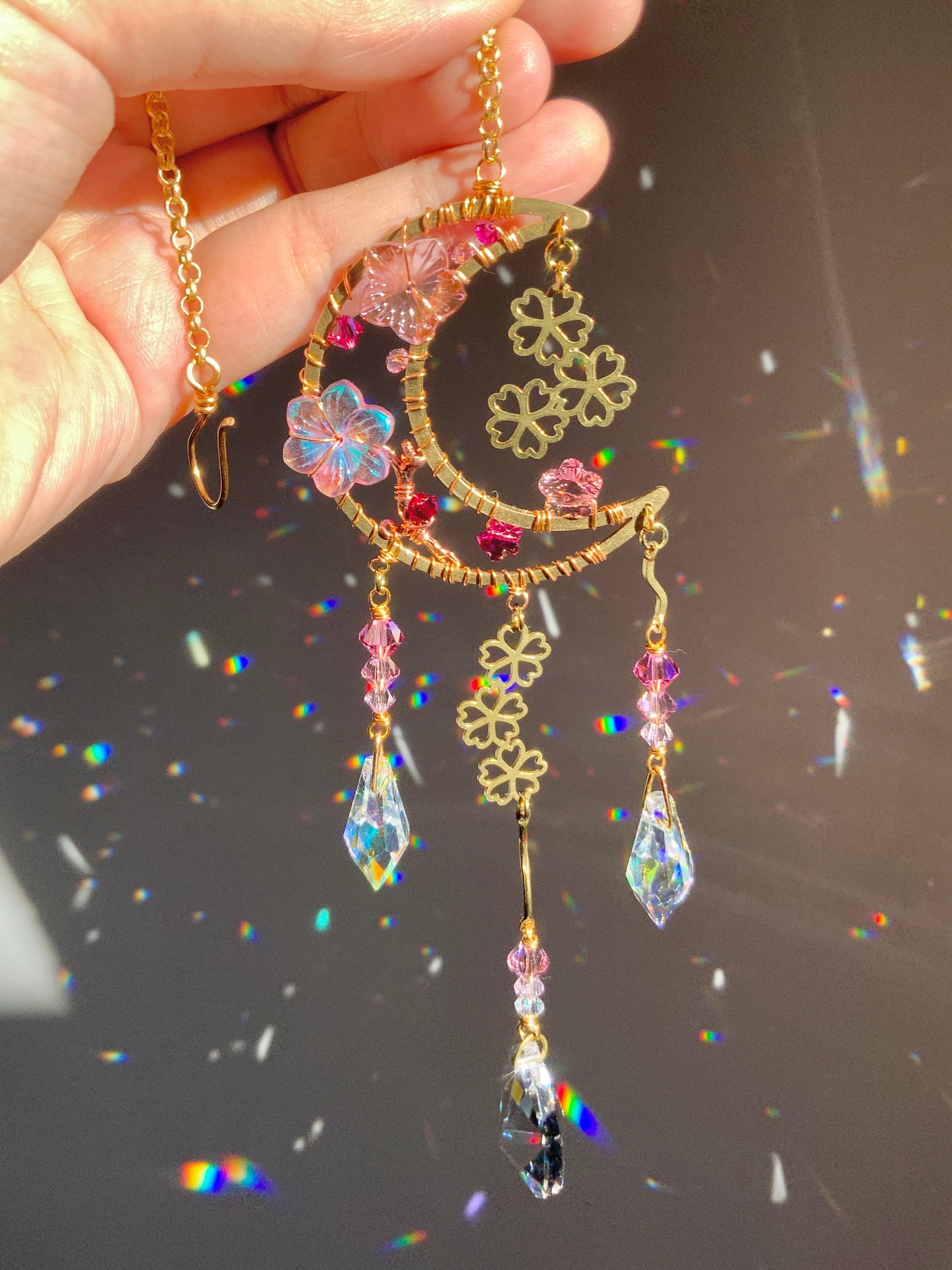 Sakura Moonglow Floral Aura Crystal Rear View Mirror Car Charm, Crescent Celestial auto decoration accessories made with 18k Gold-Plated
