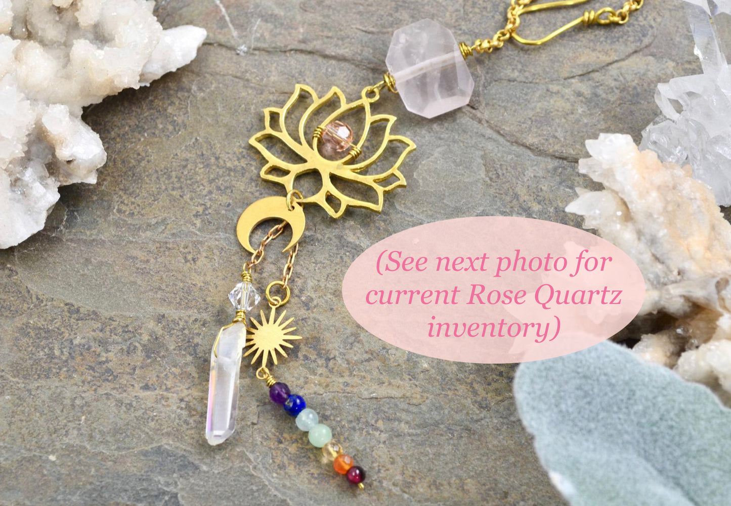 Lotus Chakra Rearview Mirror Car Charm, Rose Quartz Aura Quartz point Sun Moon car crystal accessories