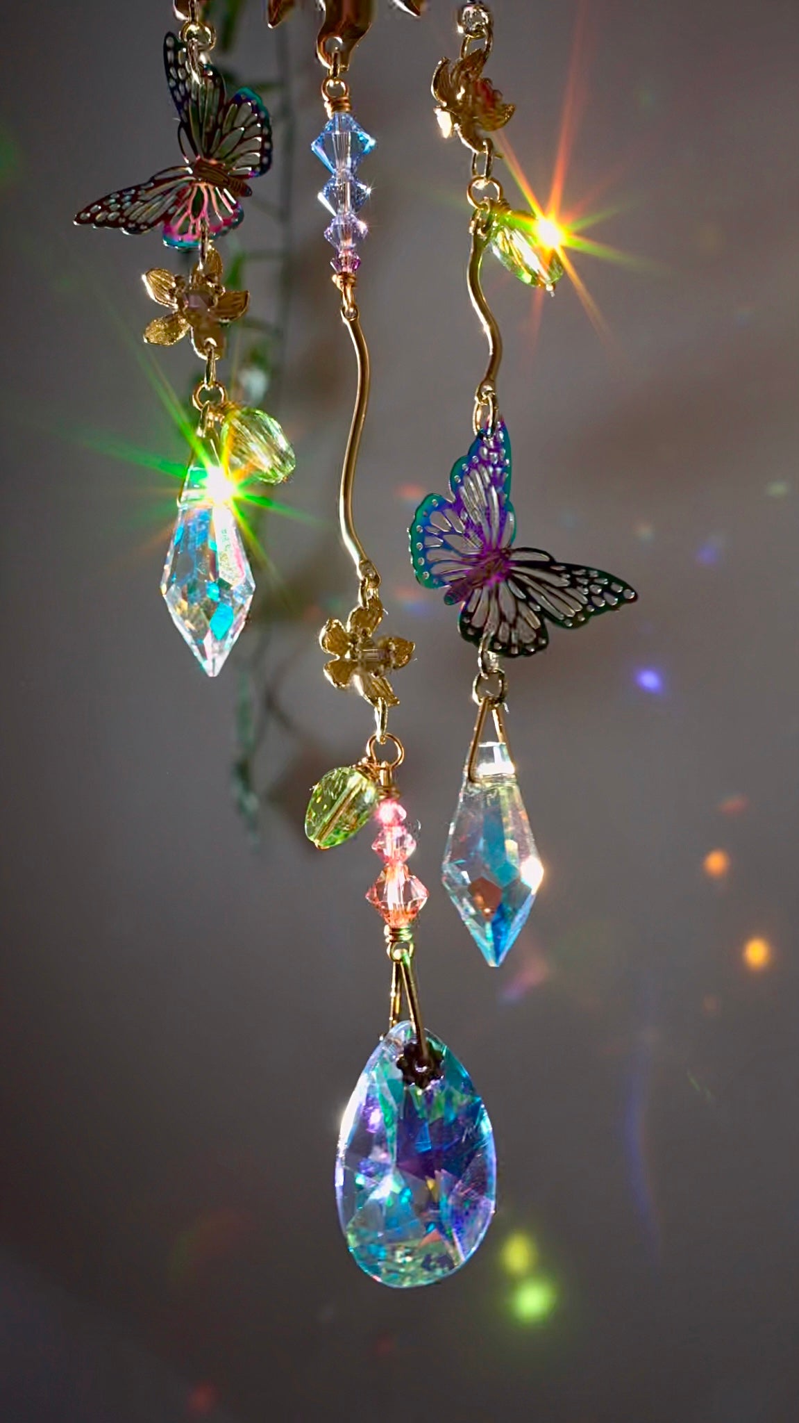 "Springtide" Car Charm~ Sun with Butterflies and Flowers, ombré pastel crystal prism Rear View Mirror hanger accessories